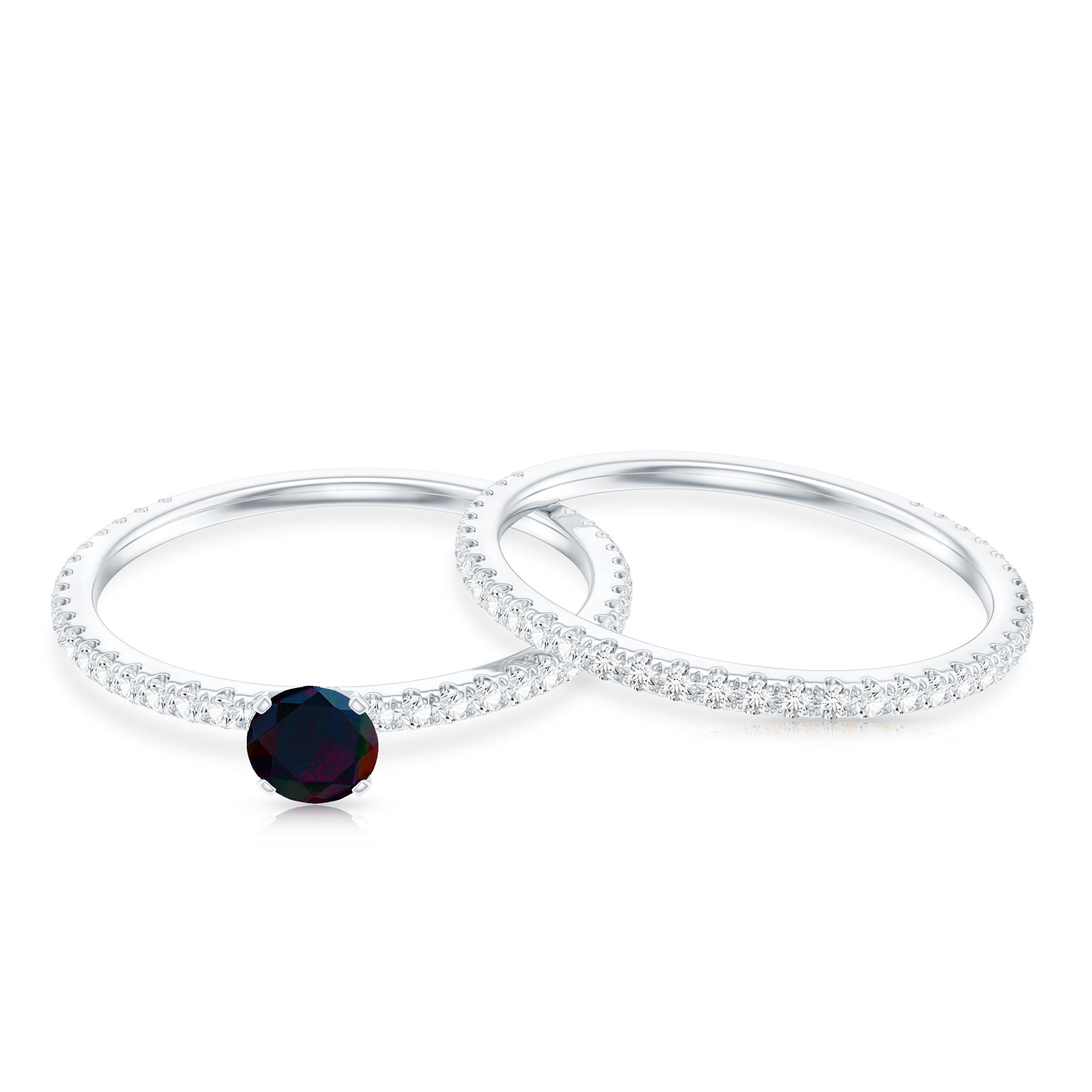 0.4 Carat Minimal Wedding Ring Set with Black Opal and Diamond AAA - Rosec Jewels