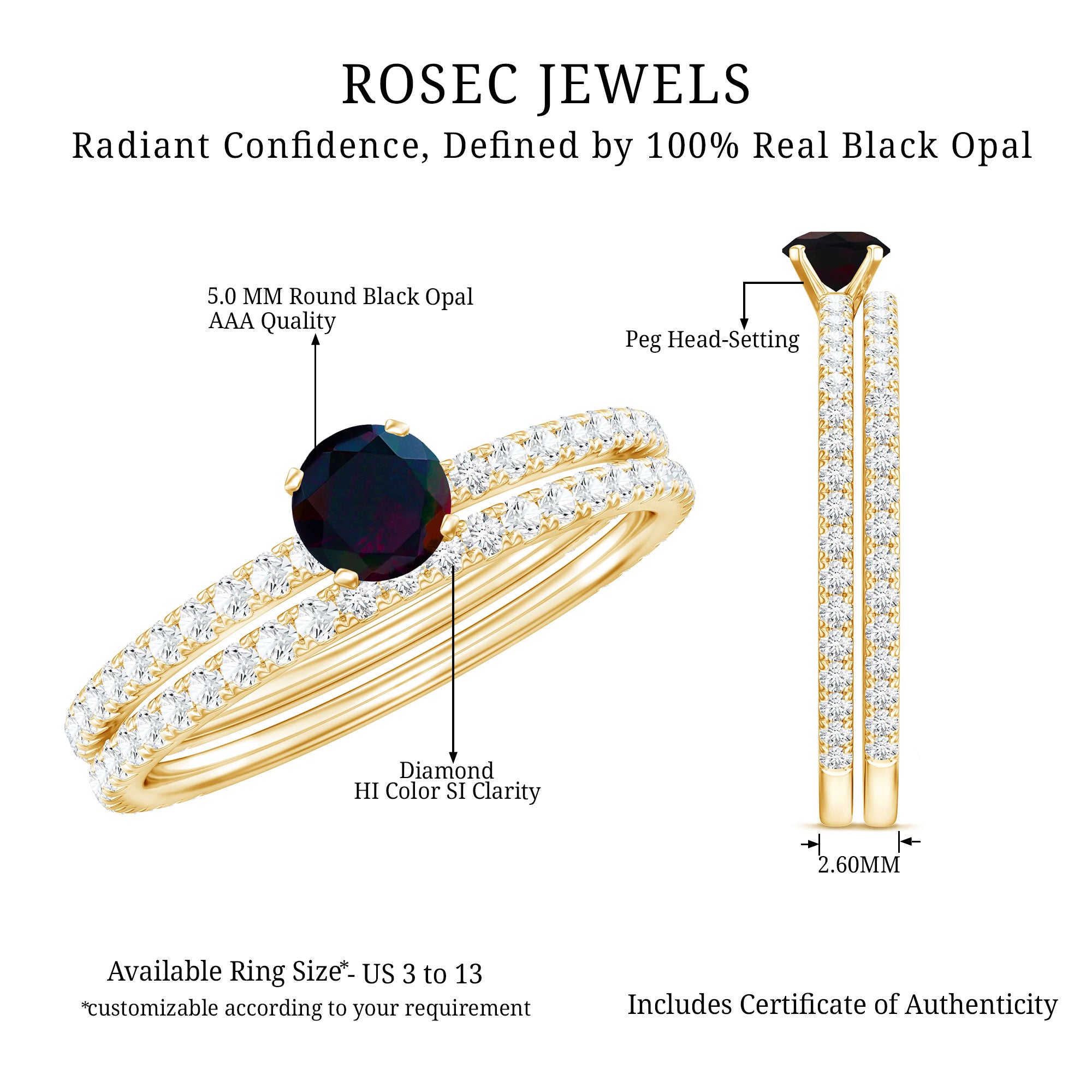 0.4 Carat Minimal Wedding Ring Set with Black Opal and Diamond AAA - Rosec Jewels