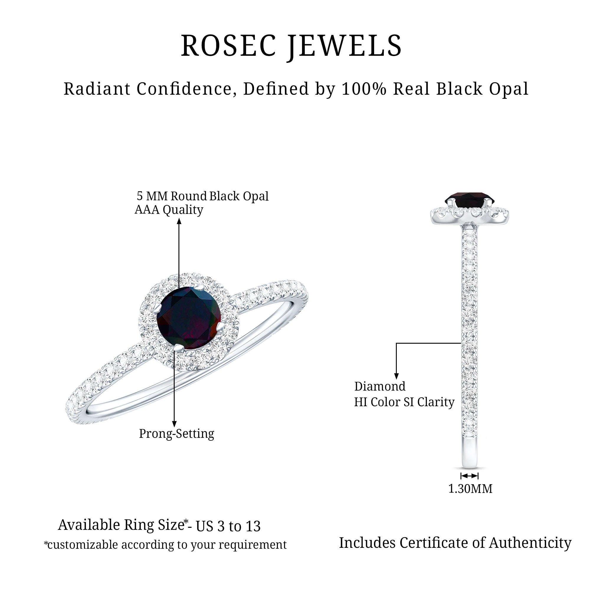 Genuine Black Opal Minimal Promise Ring with Diamond Halo AAA - Rosec Jewels