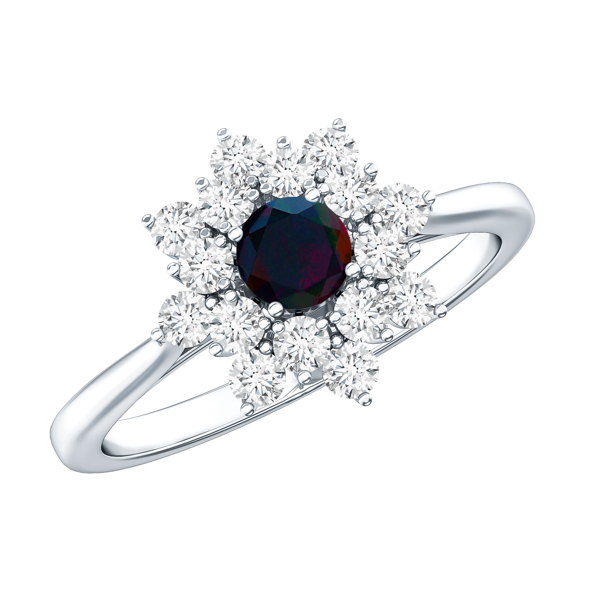 Black Opal and Diamond Flower Cluster Engagement Ring AAA - Rosec Jewels