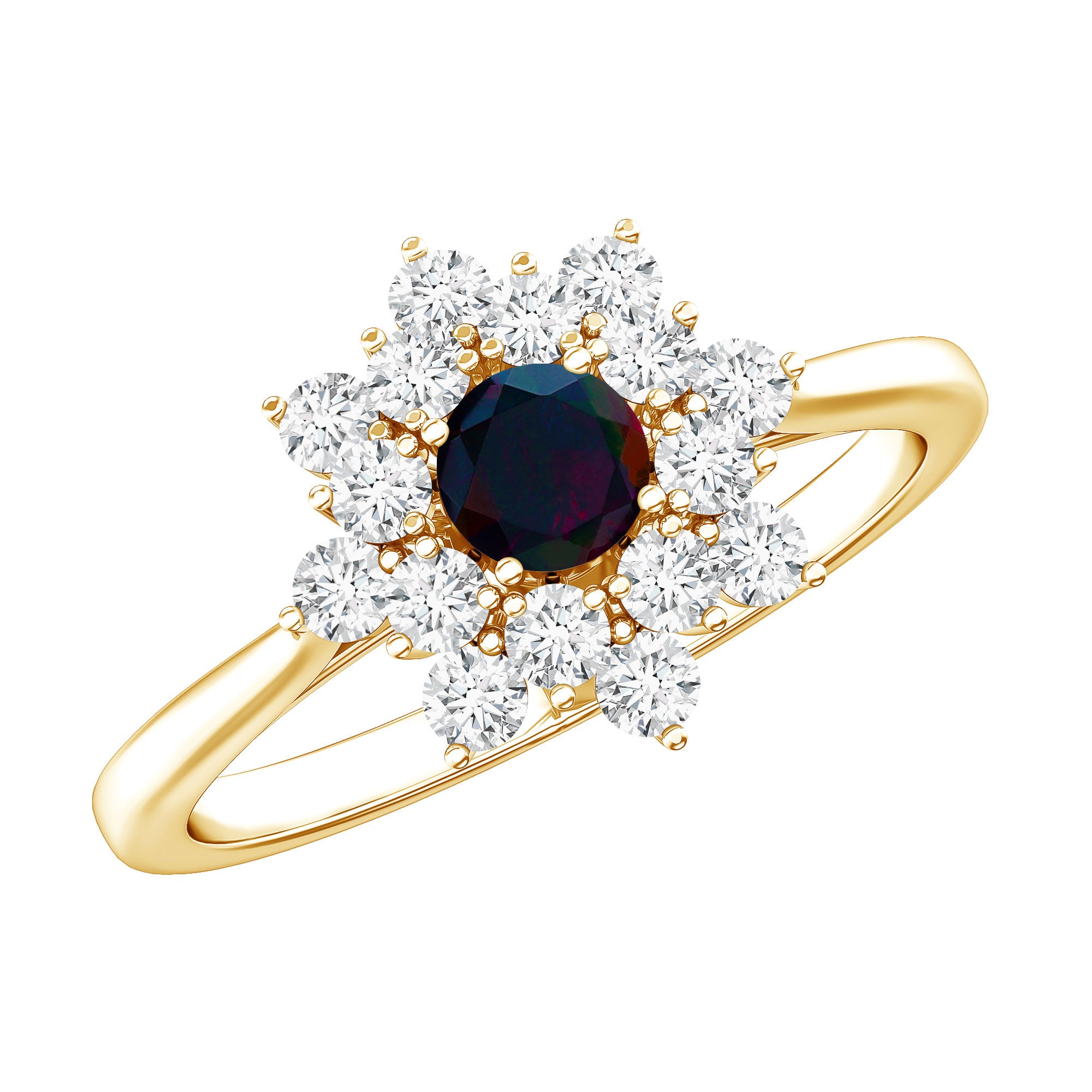 Black Opal and Diamond Flower Cluster Engagement Ring AAA - Rosec Jewels