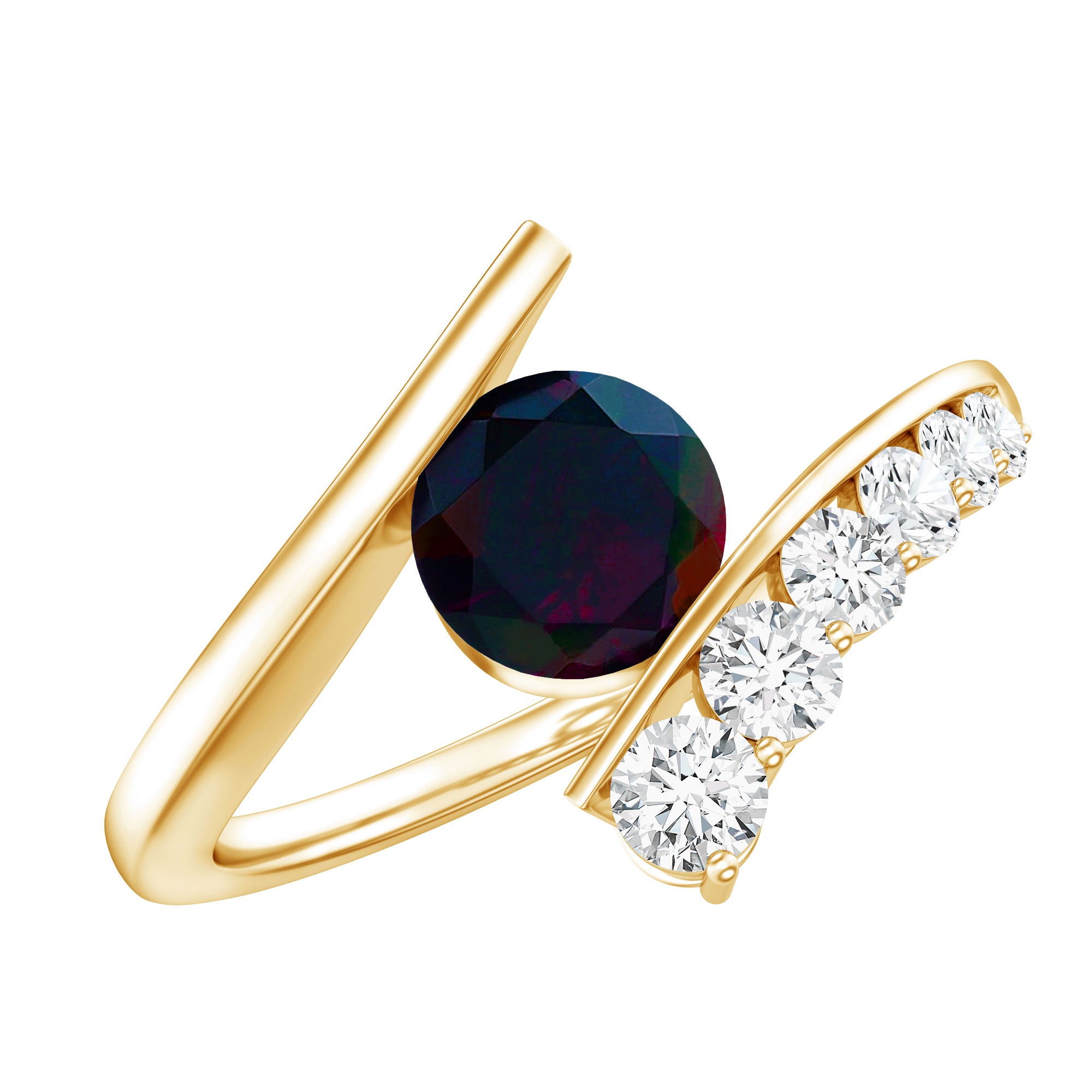 Round Black Opal Solitaire Bypass Ring with Diamond AAA - Rosec Jewels