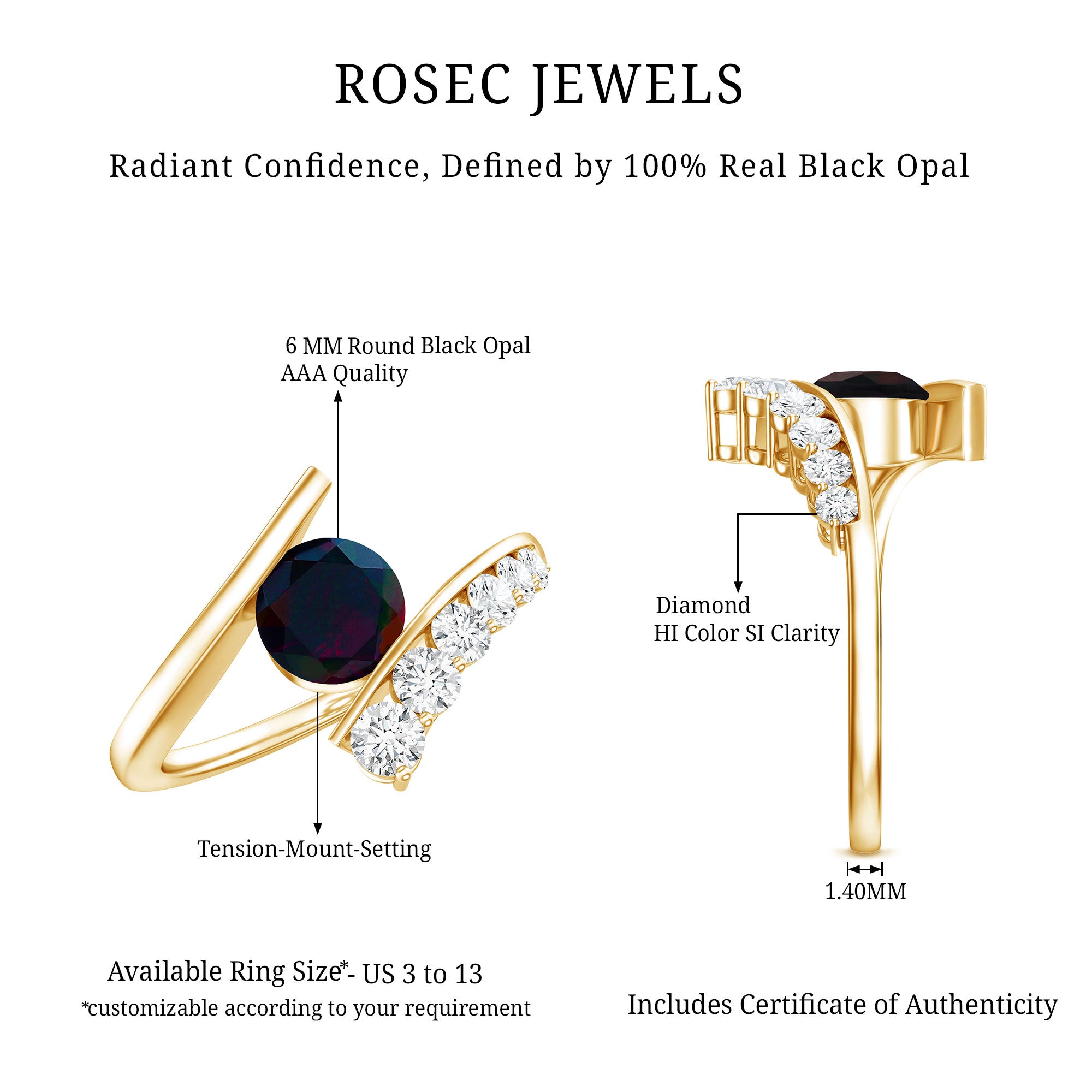 Round Black Opal Solitaire Bypass Ring with Diamond AAA - Rosec Jewels