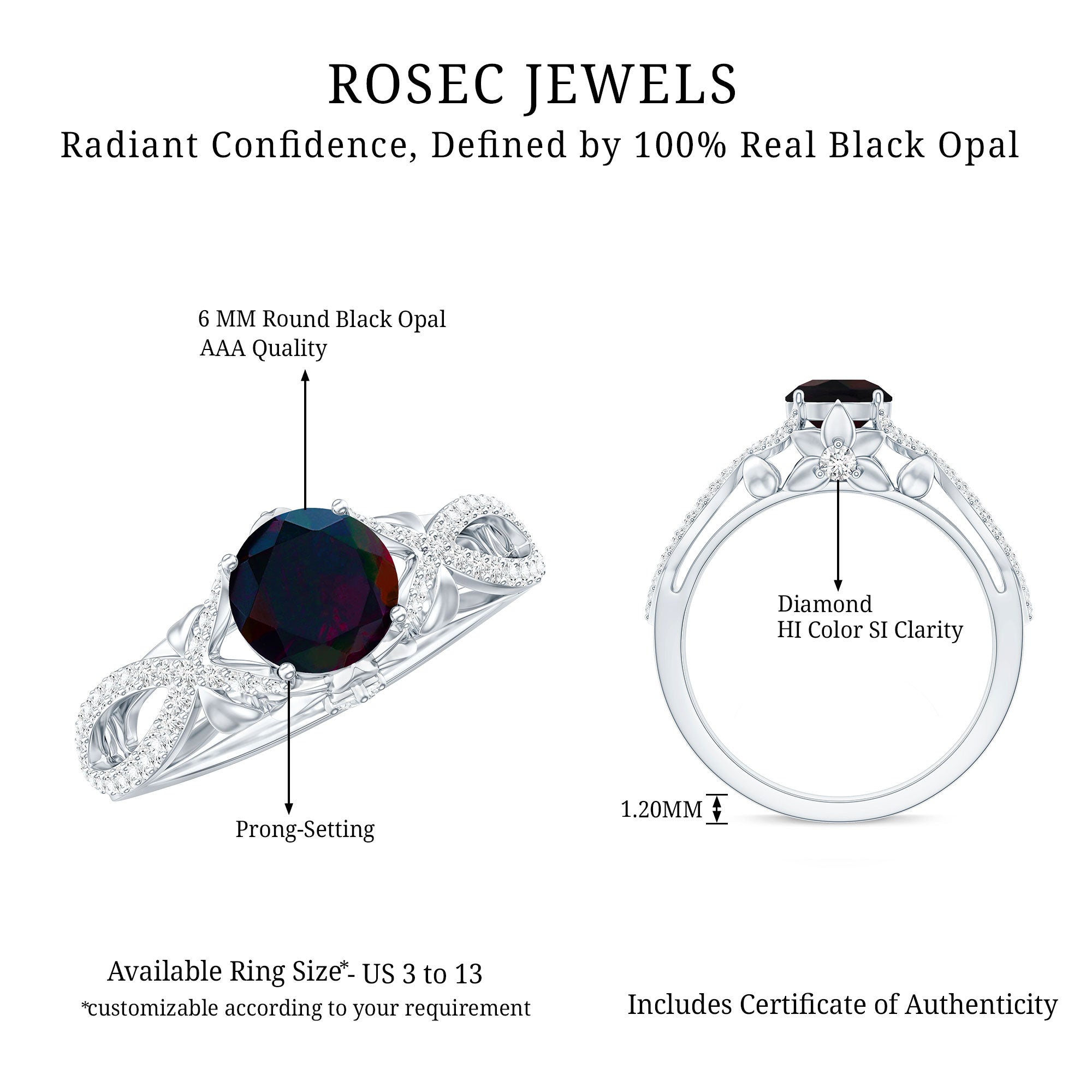 Natural Black Opal Crossover Engagement Ring with Diamond AAA - Rosec Jewels