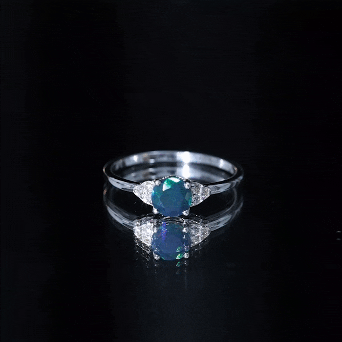 Real Black Opal Round Engagement Ring with Diamond Trio AAA - Rosec Jewels