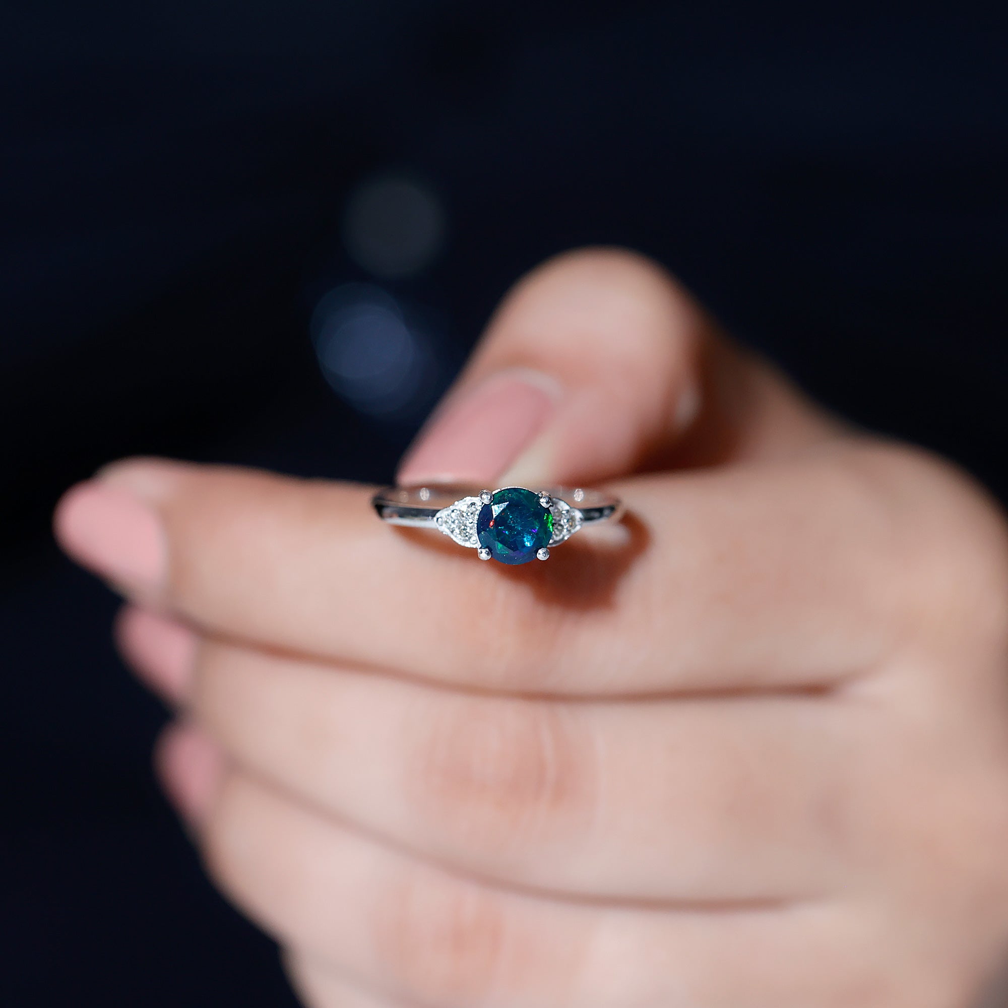Real Black Opal Round Engagement Ring with Diamond Trio AAA - Rosec Jewels