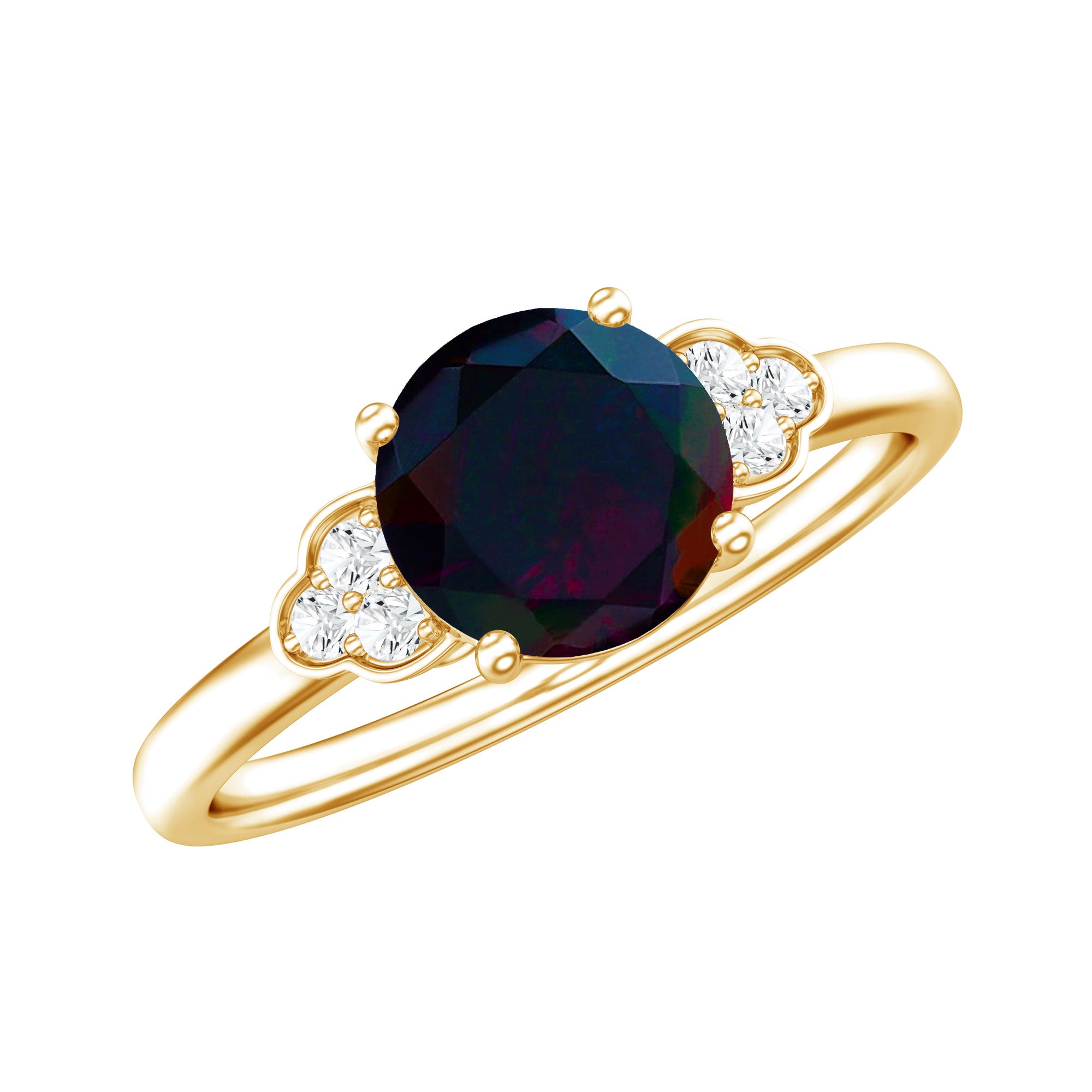 Real Black Opal Round Engagement Ring with Diamond Trio AAA - Rosec Jewels