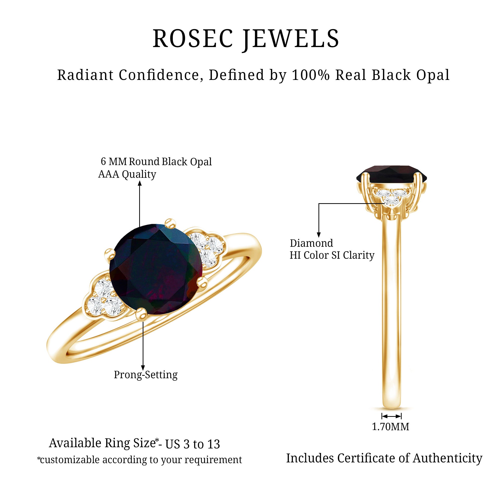 Real Black Opal Round Engagement Ring with Diamond Trio AAA - Rosec Jewels