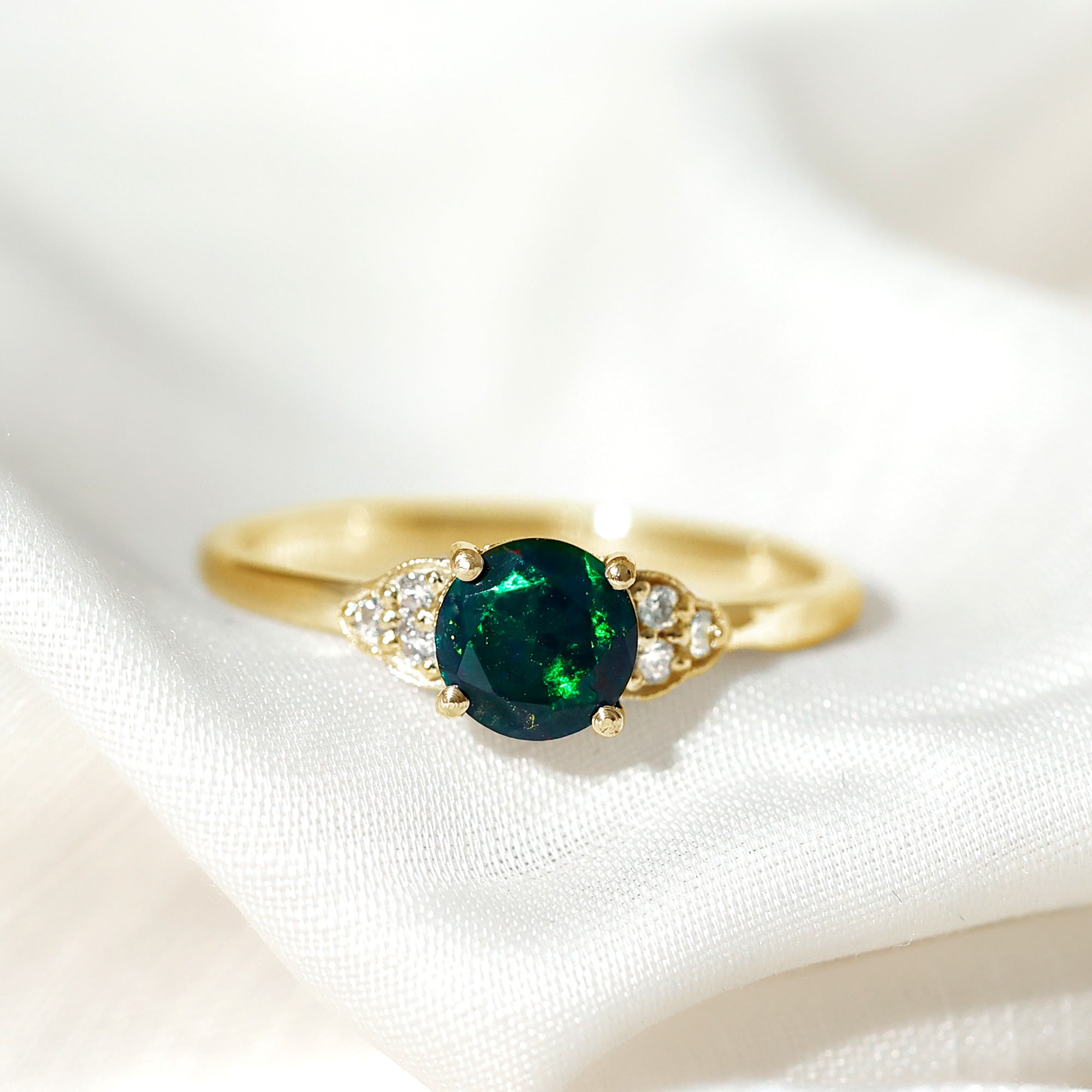 Real Black Opal Round Engagement Ring with Diamond Trio AAA - Rosec Jewels