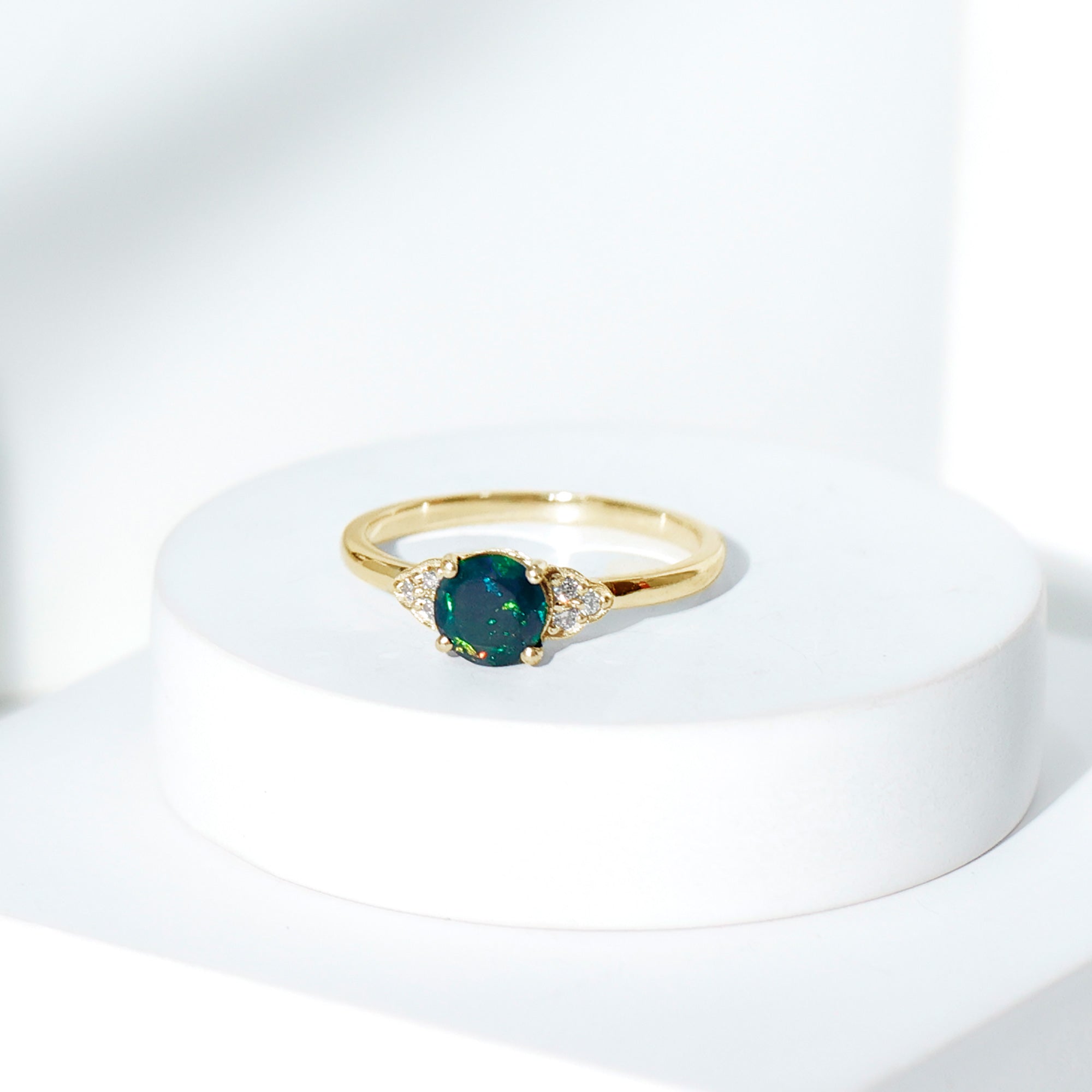 Real Black Opal Round Engagement Ring with Diamond Trio AAA - Rosec Jewels