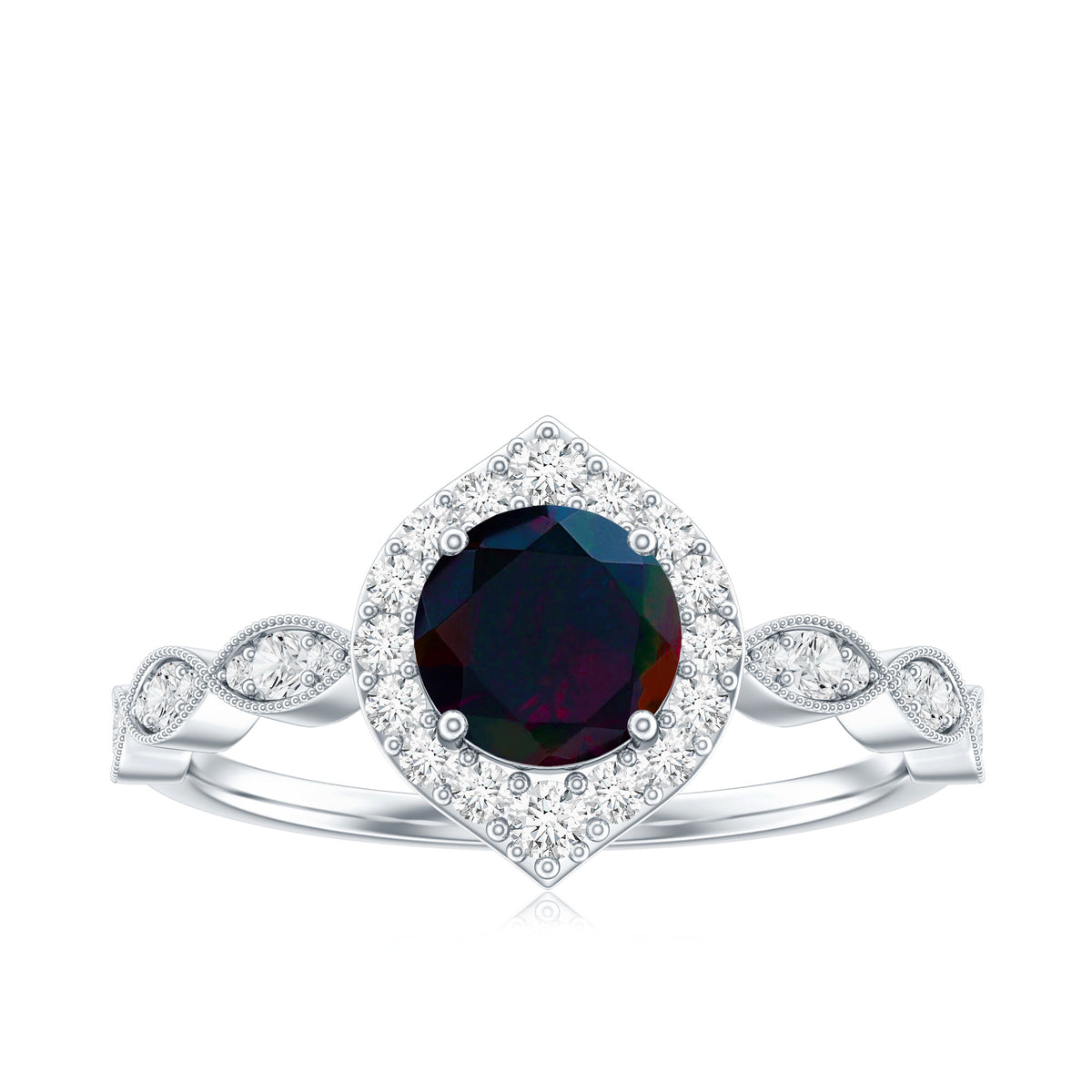 0.8 Carat Black Opal Vintage Engagement Ring with Diamond Accent AAA - Rosec Jewels