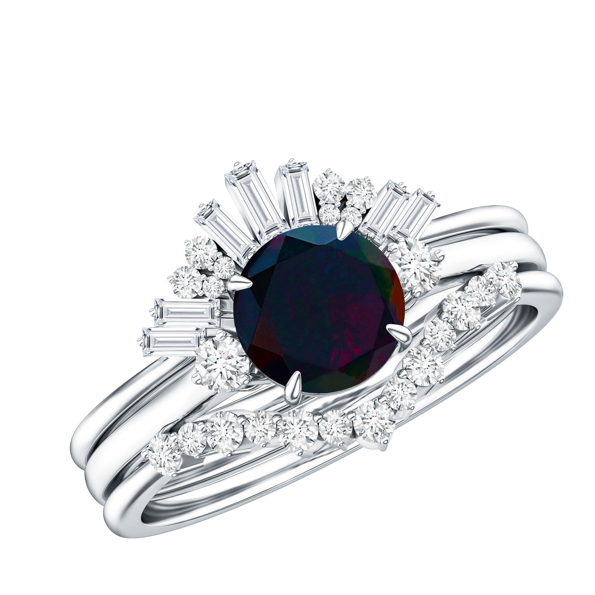 Black Opal Designer Trio Wedding Ring Set with Diamond AAA - Rosec Jewels
