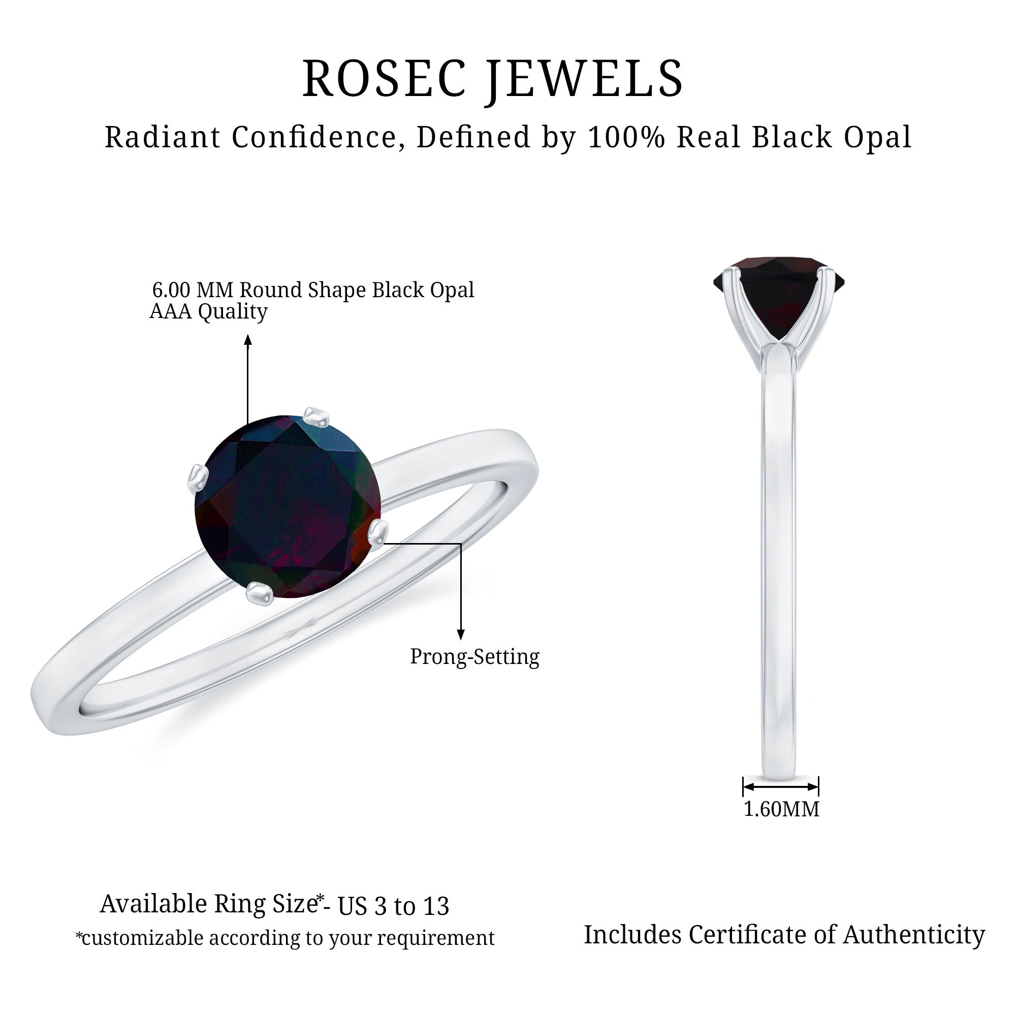 Genuine Black Opal Solitaire Ring for Women AAA - Rosec Jewels