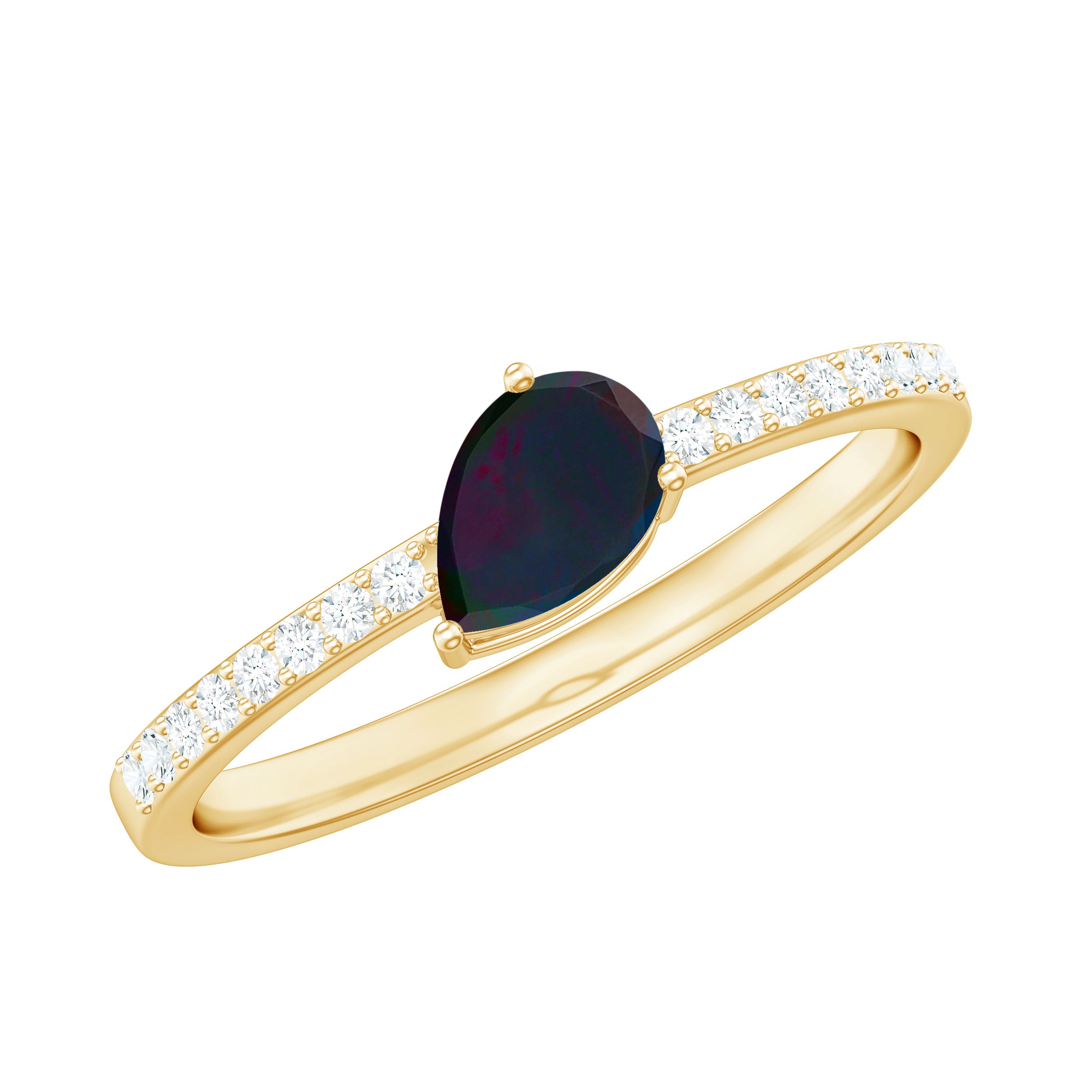Pear Shape Black Opal Promise Ring with Diamond Side Stones AAA - Rosec Jewels