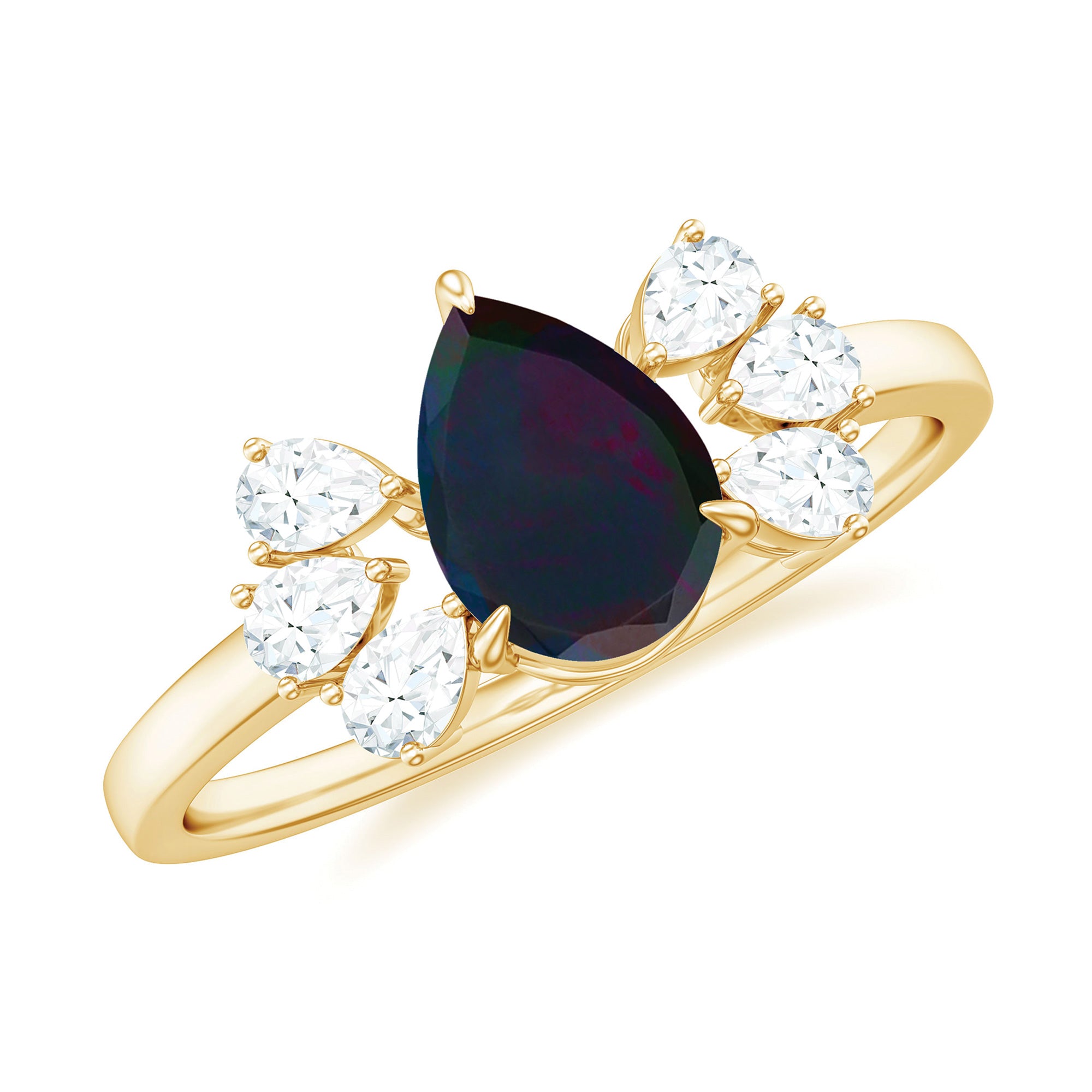 Pear Cut Black Opal Solitaire Engagement Ring with Diamond Trio AAA - Rosec Jewels