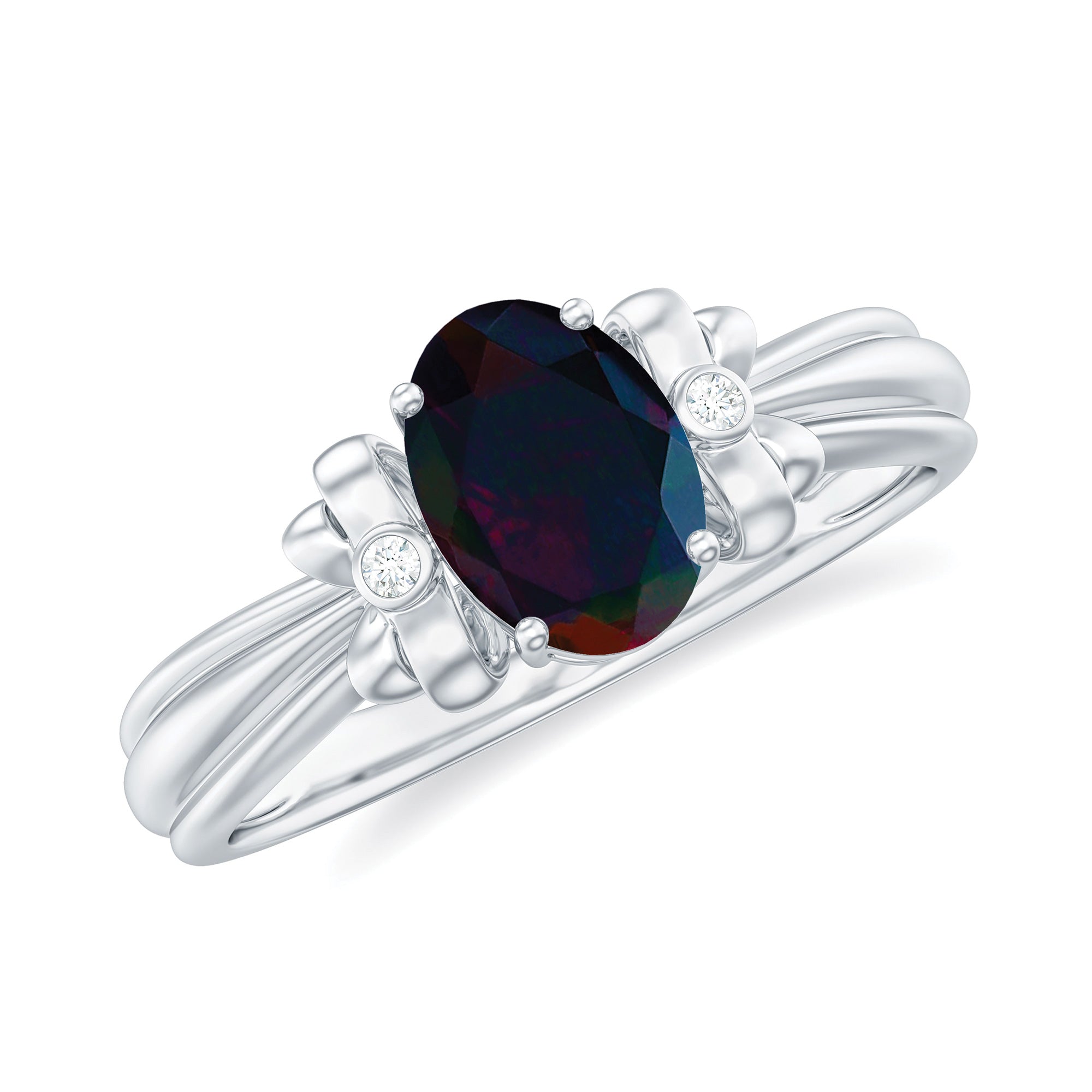 1 CT Oval Black Opal Solitaire Floral Ring with Diamond Accent