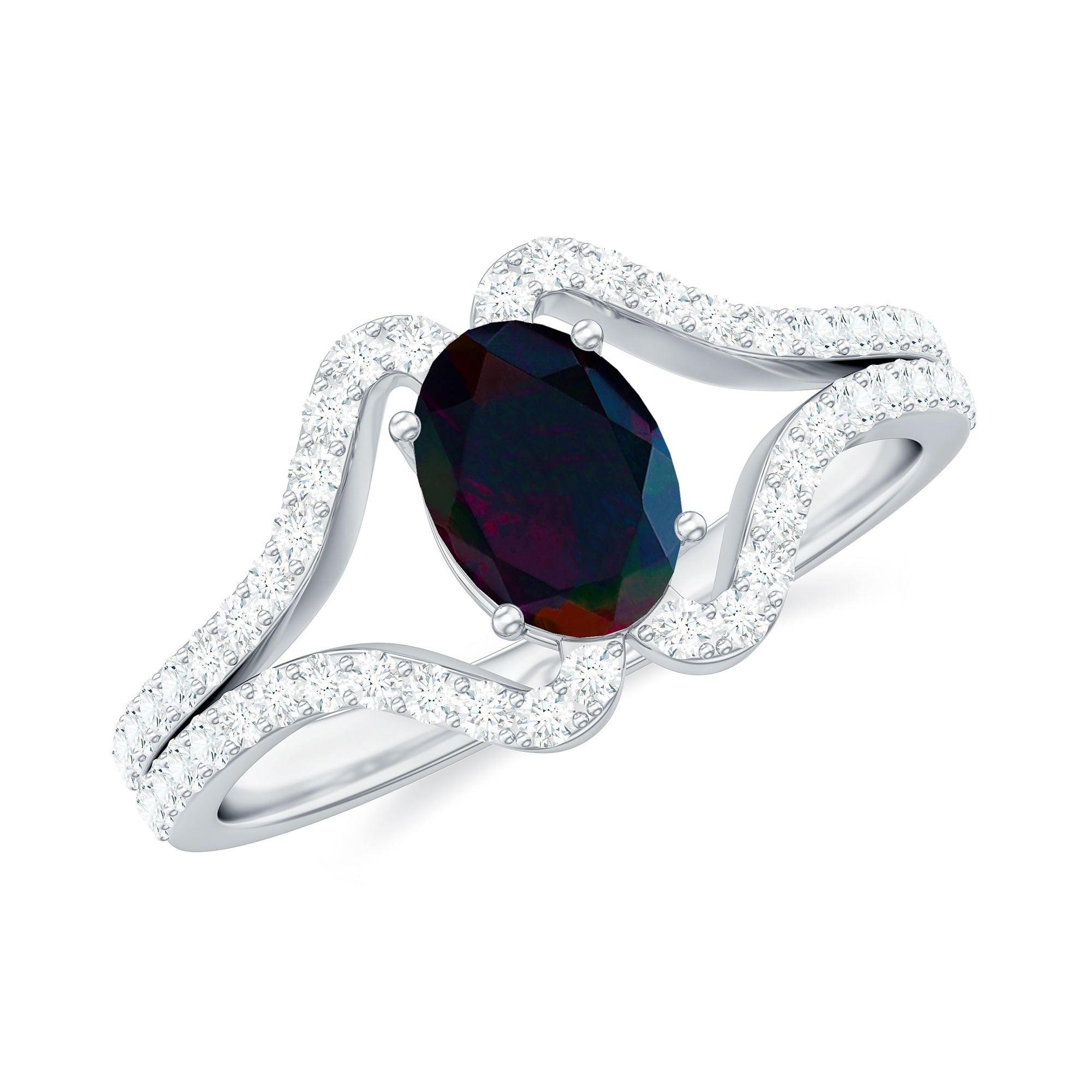 Oval Cut Black Opal and Diamond Split Shank Engagement Ring