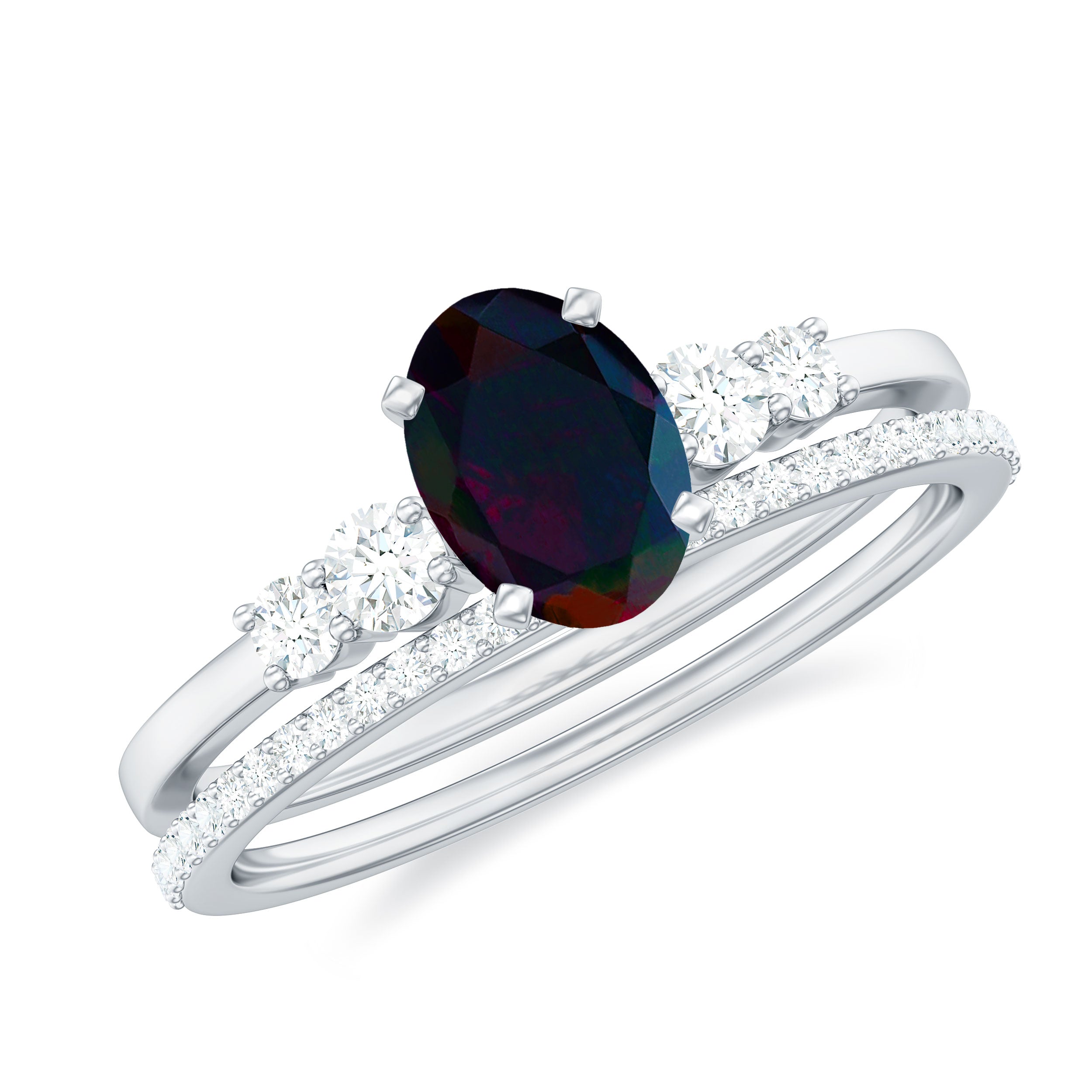 1.25 CT Oval Cut Solitaire Black Opal Ring Set with Diamond
