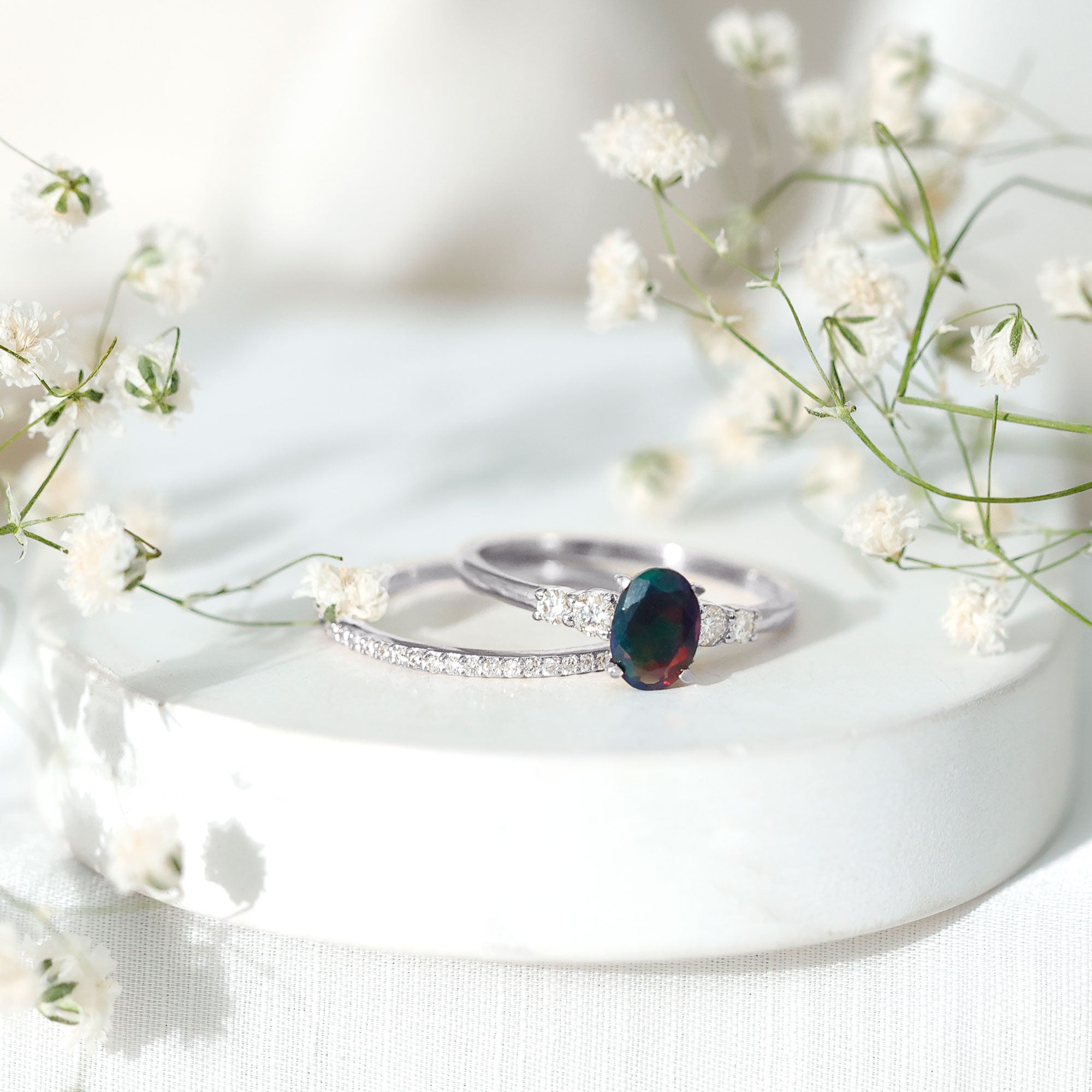 1 CT Black Opal and Diamond Oval Wedding Ring Set AAA - Rosec Jewels