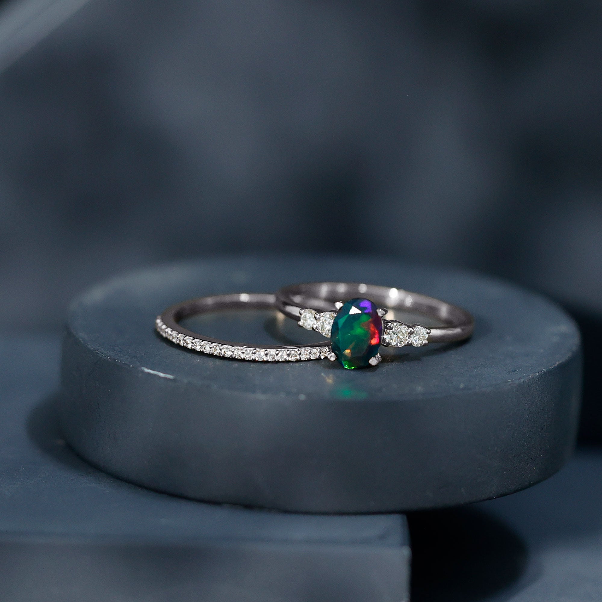 1 CT Black Opal and Diamond Oval Wedding Ring Set AAA - Rosec Jewels