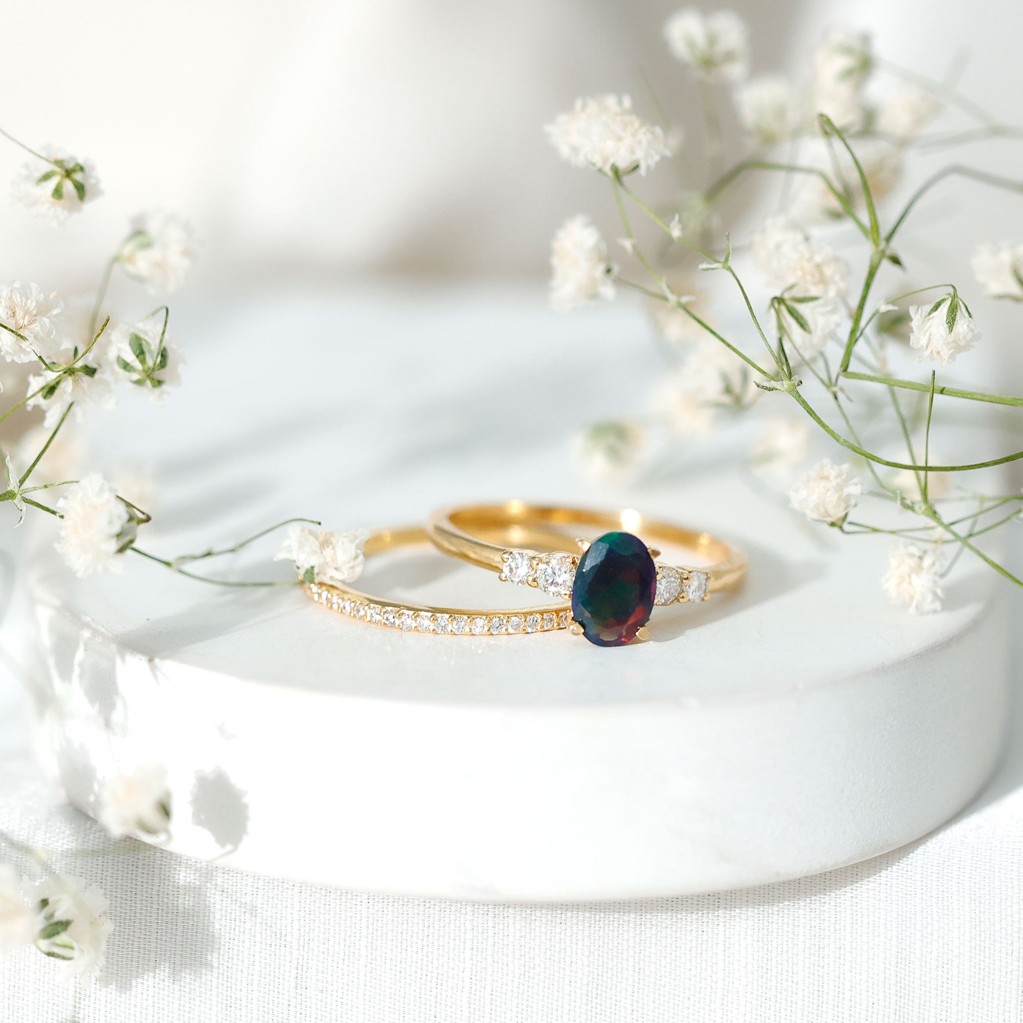 1 CT Black Opal and Diamond Oval Wedding Ring Set AAA - Rosec Jewels