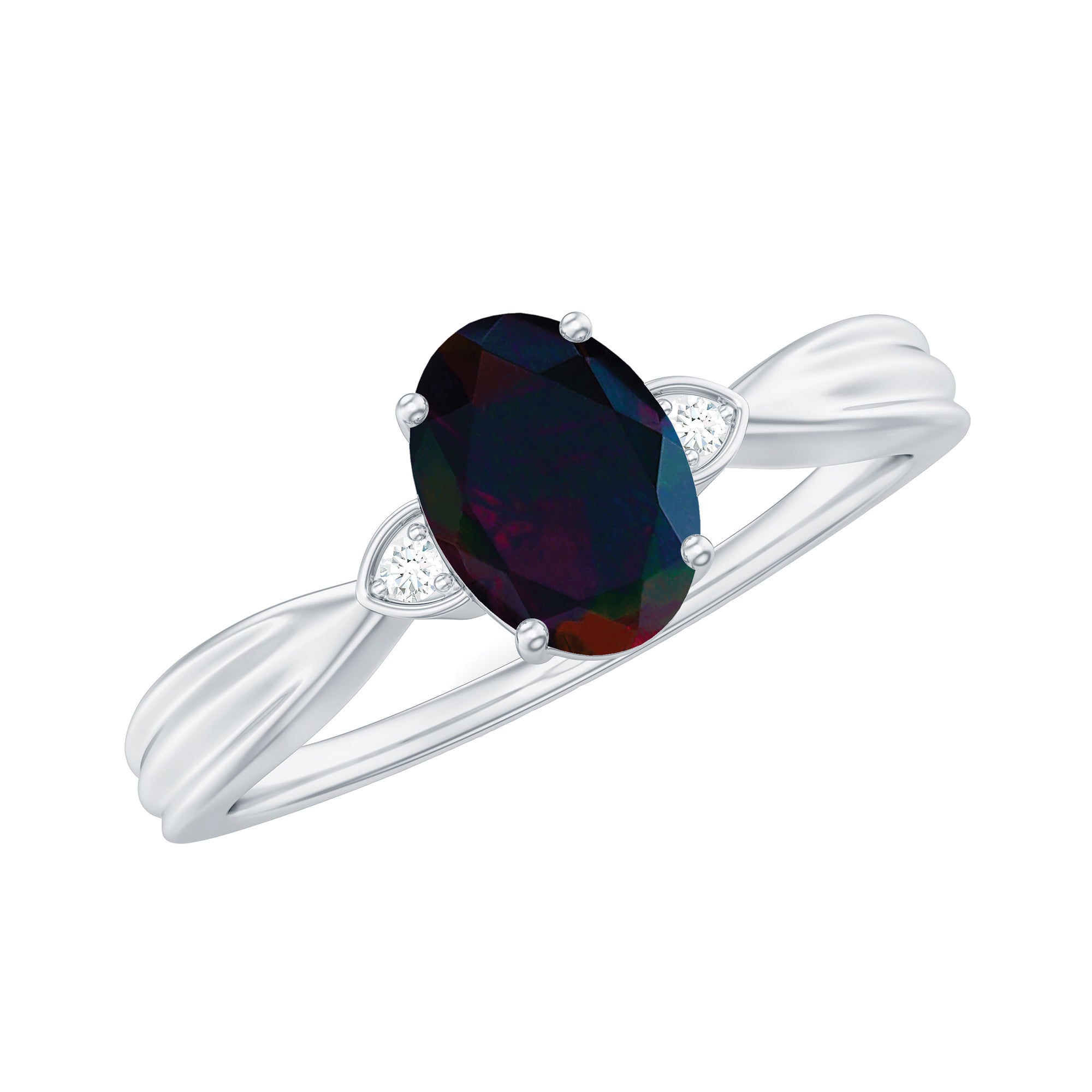Oval Cut Natural Black Opal Designer Ring with Diamond