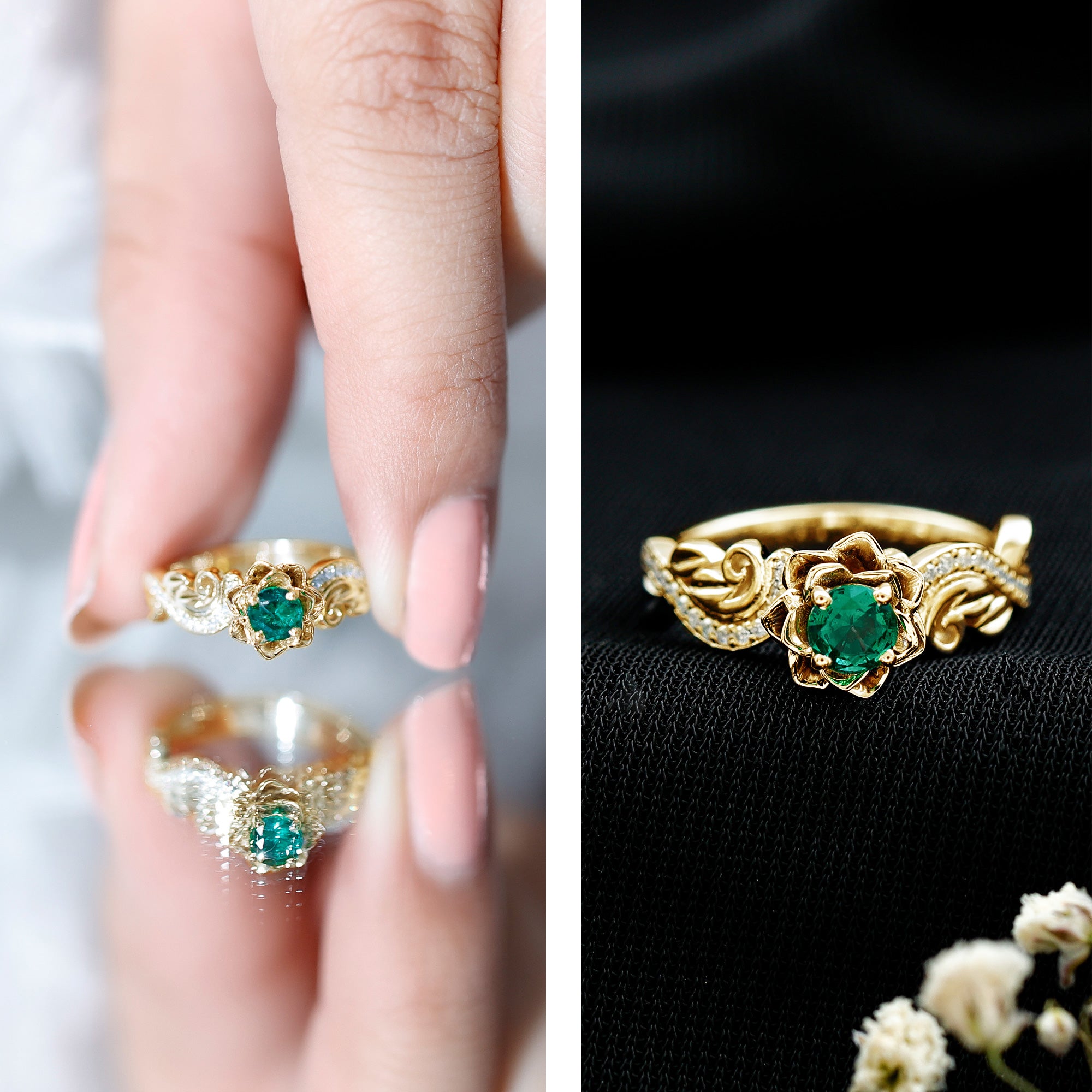 Lab Grown Emerald Diamond Flower Engagement Ring with Certificate AAAA - Rosec Jewels