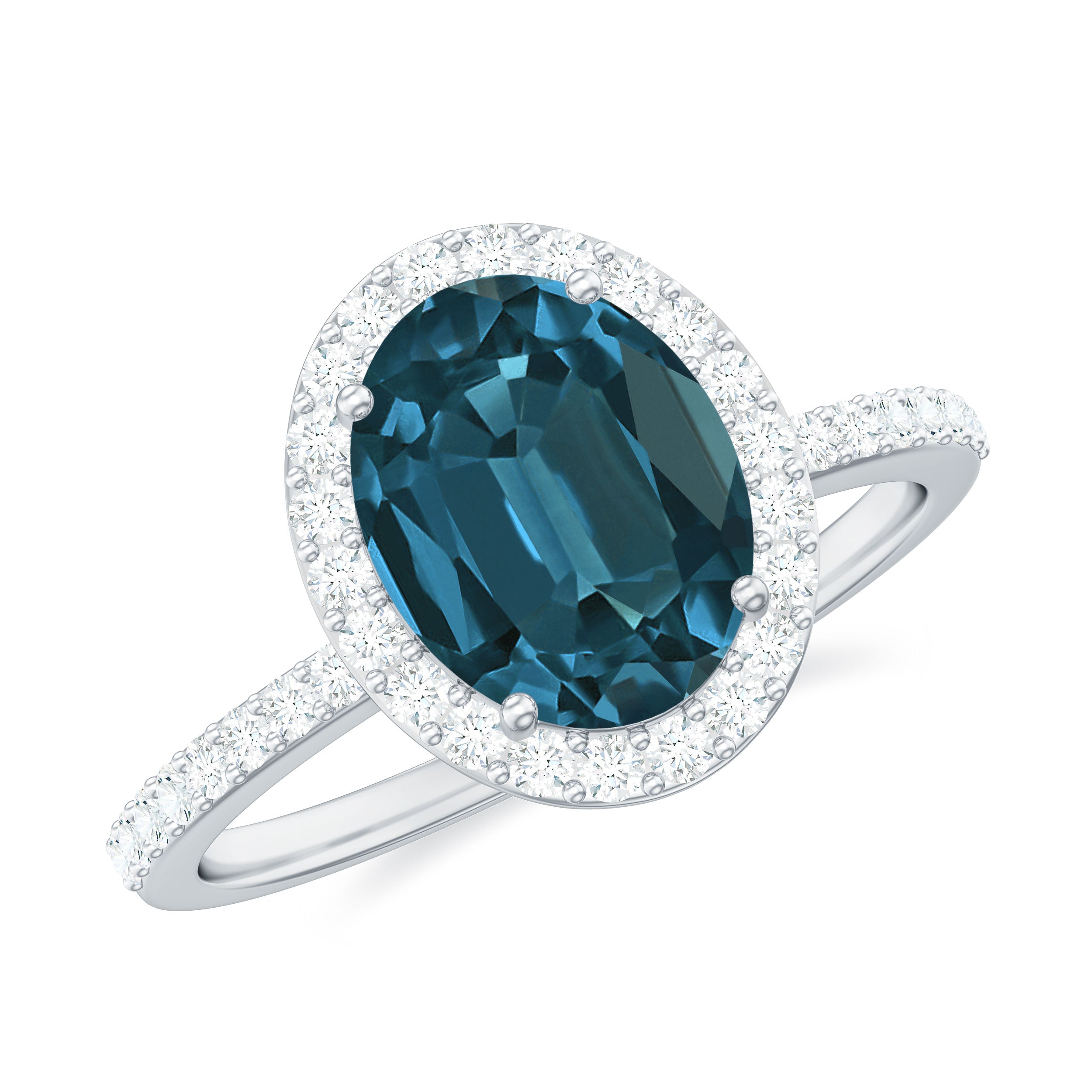 Classic London Blue Topaz Oval Engagement Ring with Diamond Halo AAA - Rosec Jewels