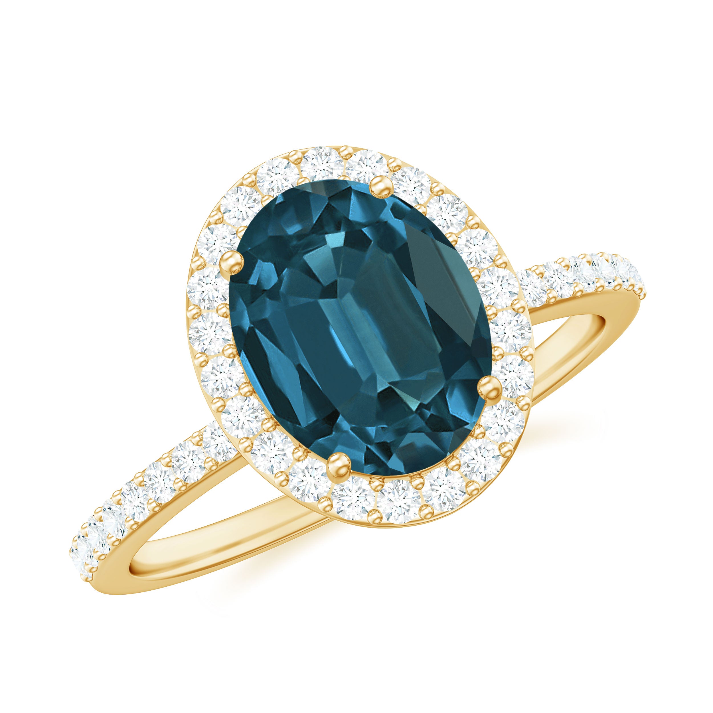 Classic London Blue Topaz Oval Engagement Ring with Diamond Halo AAA - Rosec Jewels