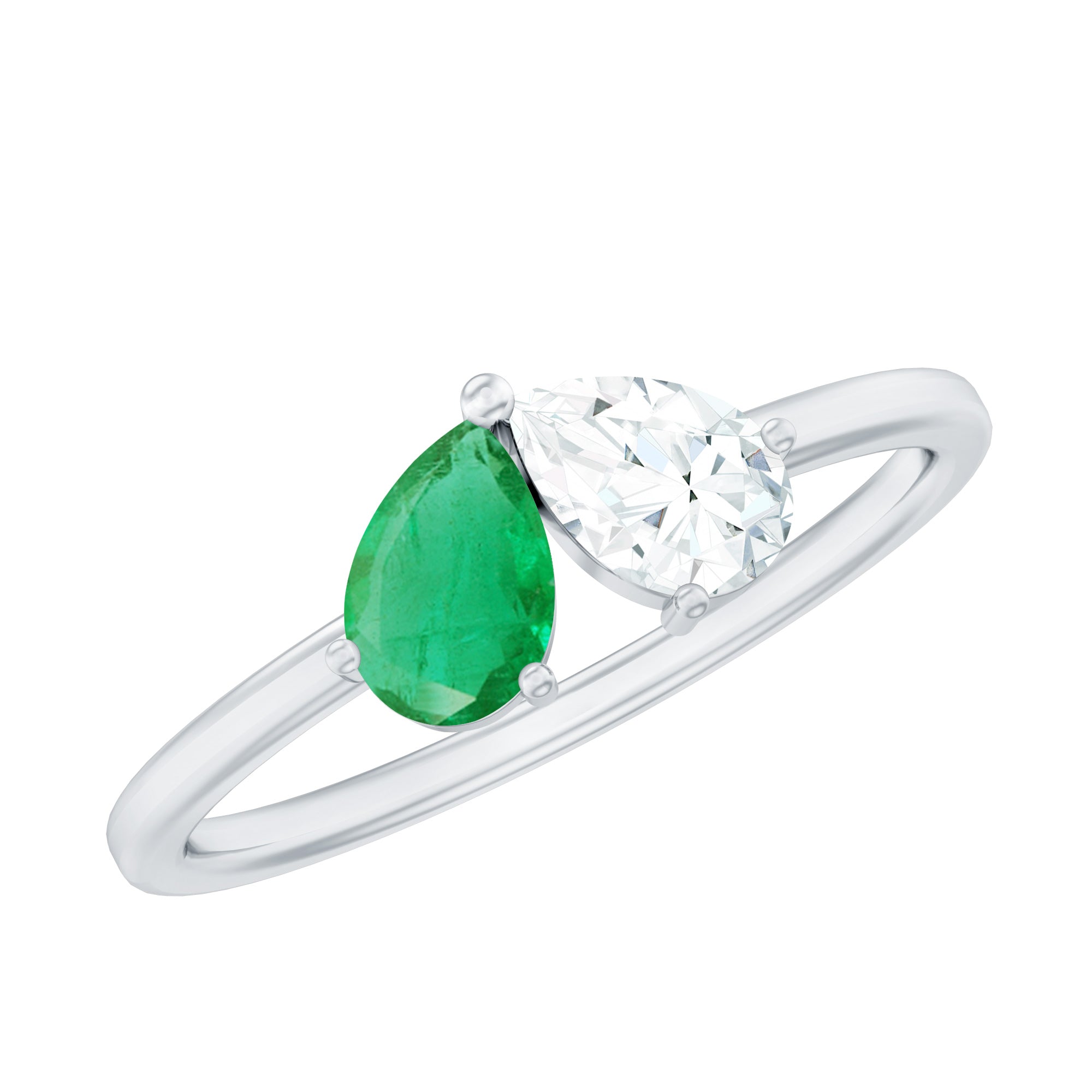 Natural Pear Shape Emerald Diamond 2 Stone Promise Ring