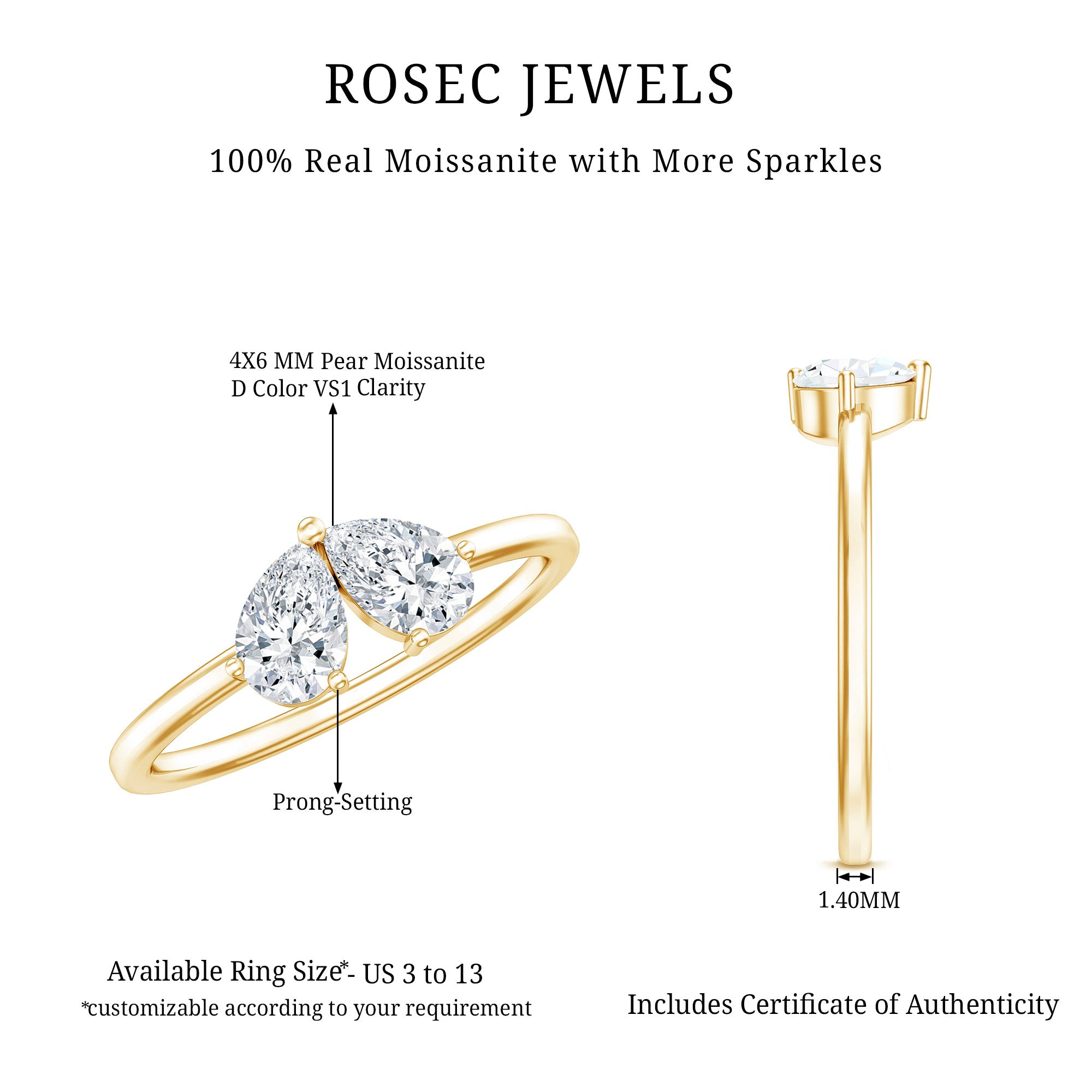 Moissanite Two Stone Promise Engagement Ring D-VS1 - Rosec Jewels