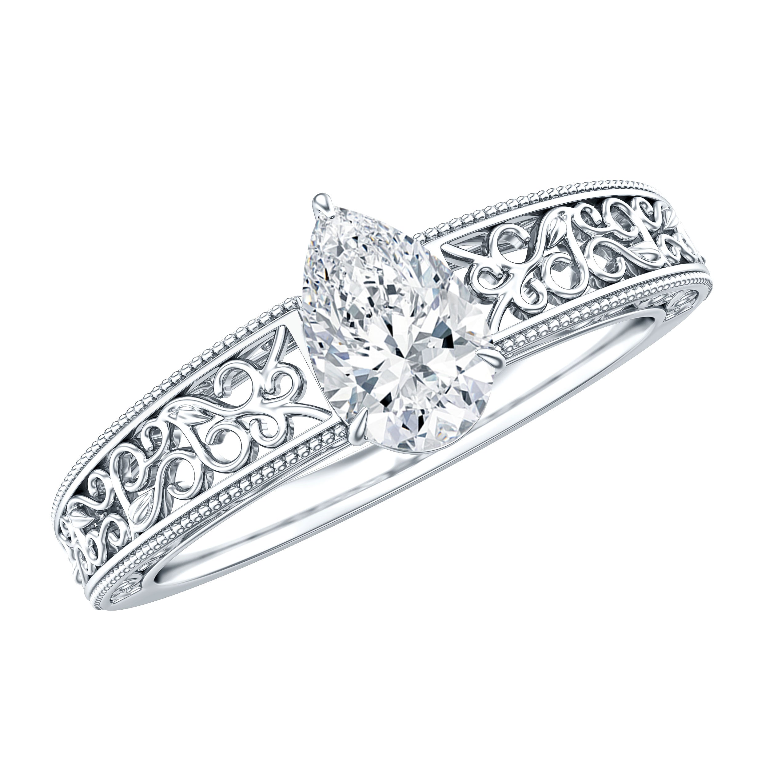 Pear Shape Lab Grown Diamond Vintage Inspired Solitaire Ring Lab - ( EF-VS ) - Rosec Jewels
