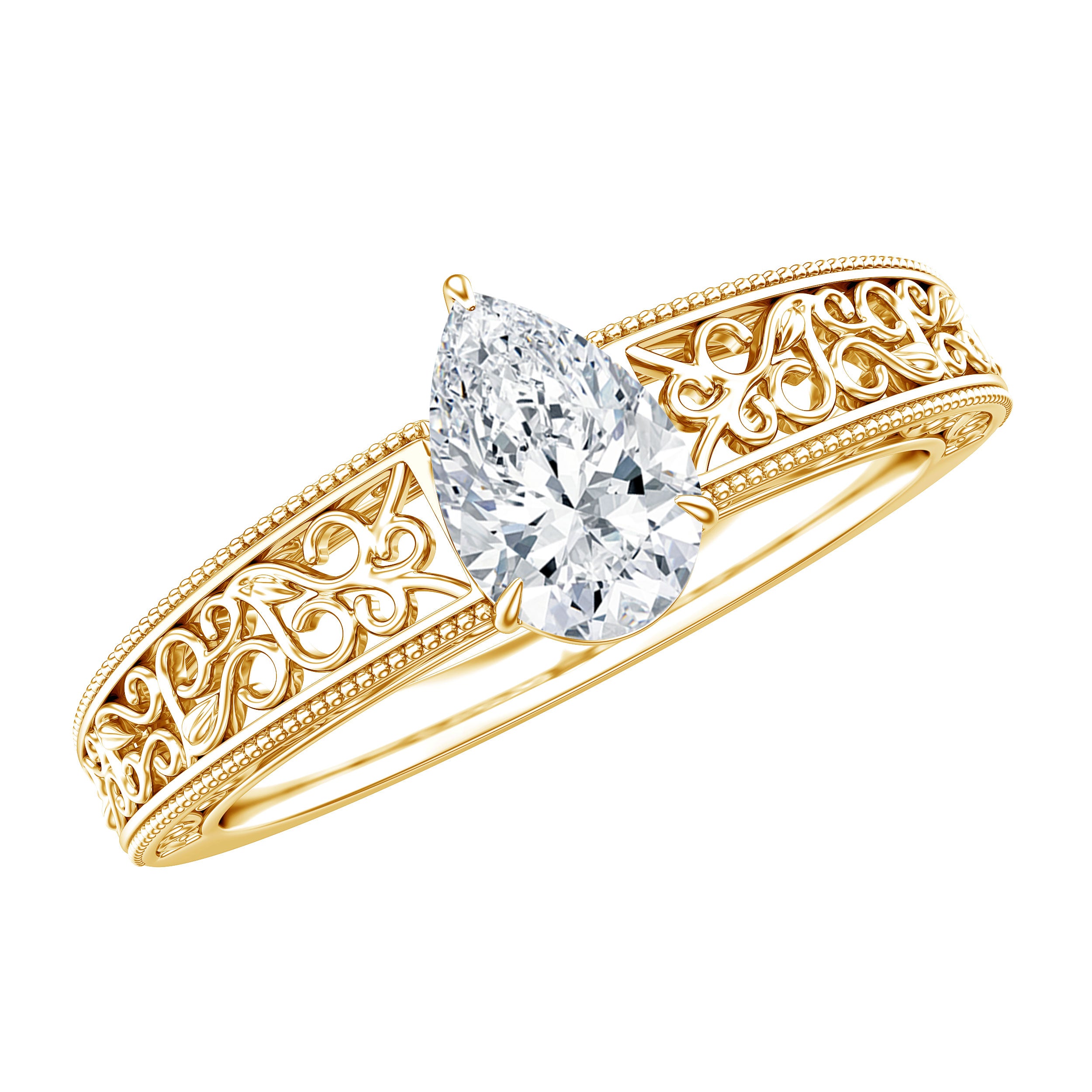 Pear Shape Lab Grown Diamond Vintage Inspired Solitaire Ring Lab - ( EF-VS ) - Rosec Jewels
