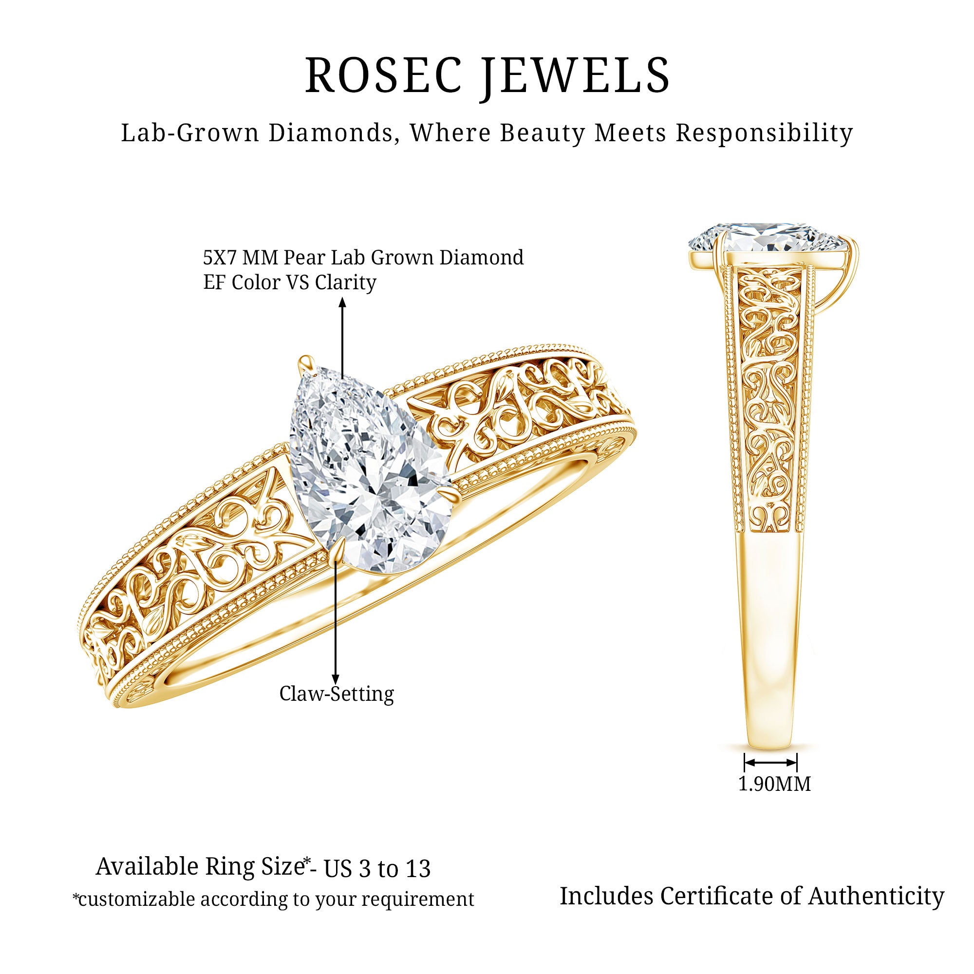 Pear Shape Lab Grown Diamond Vintage Inspired Solitaire Ring Lab - ( EF-VS ) - Rosec Jewels