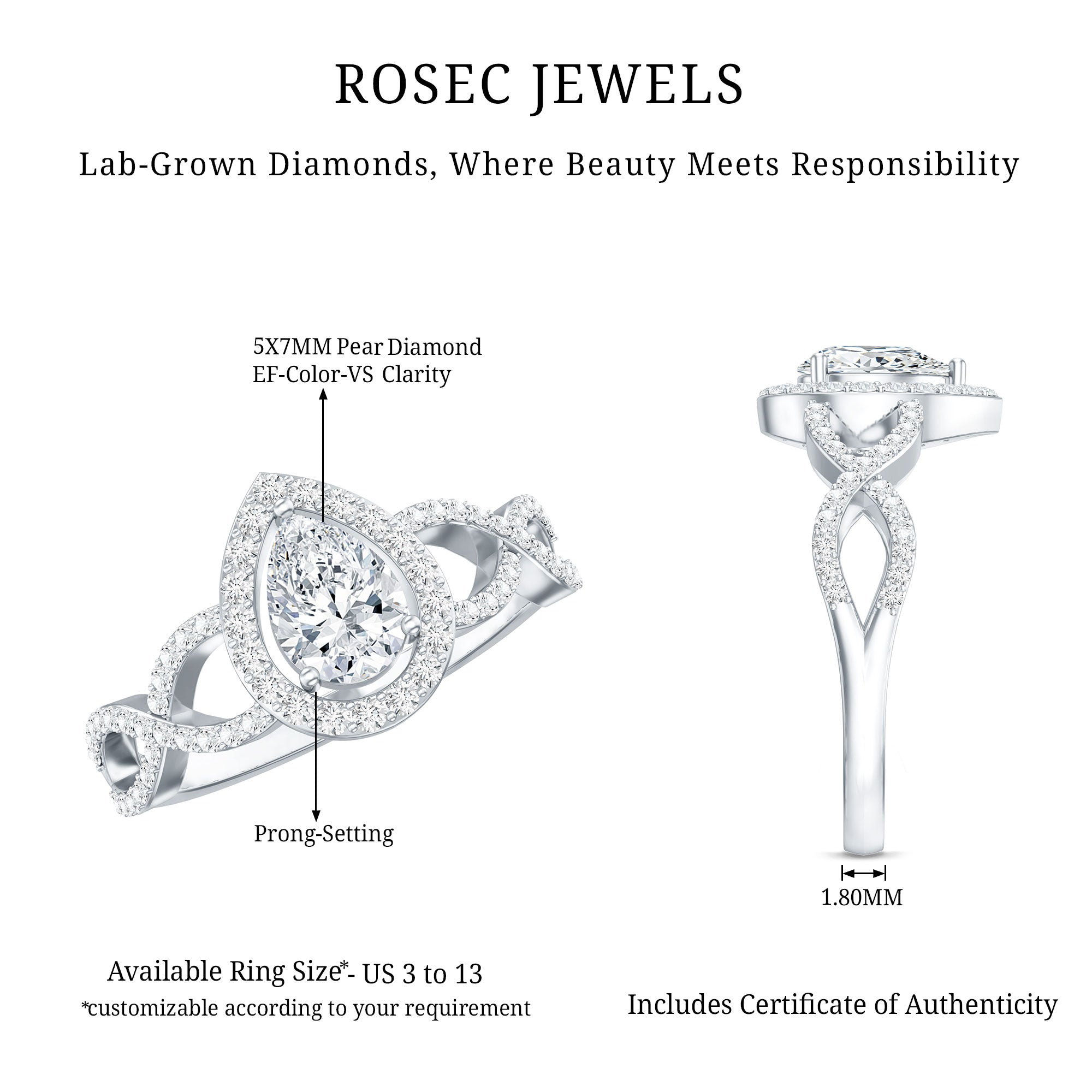 Pear Shape Lab Grown Diamond Teardrop Engagement Ring Lab - ( EF-VS ) - Rosec Jewels