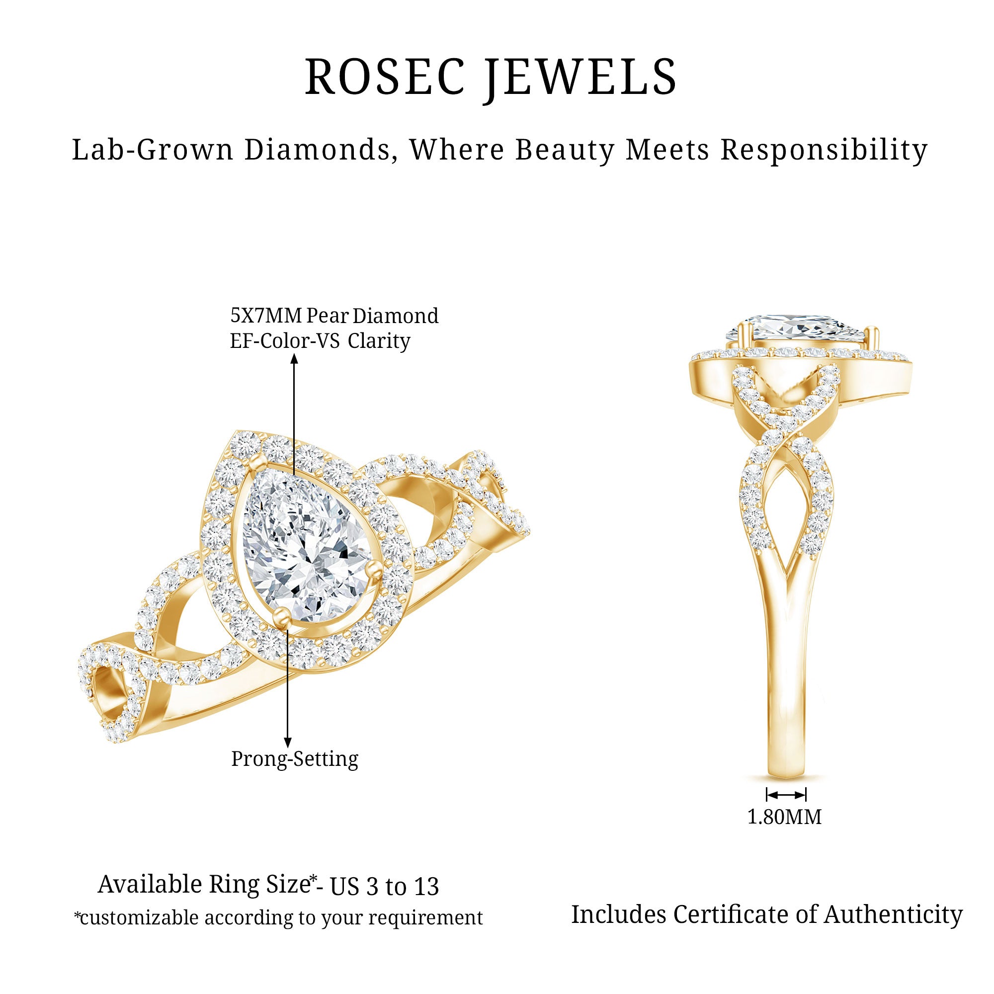 Pear Shape Lab Grown Diamond Teardrop Engagement Ring Lab - ( EF-VS ) - Rosec Jewels
