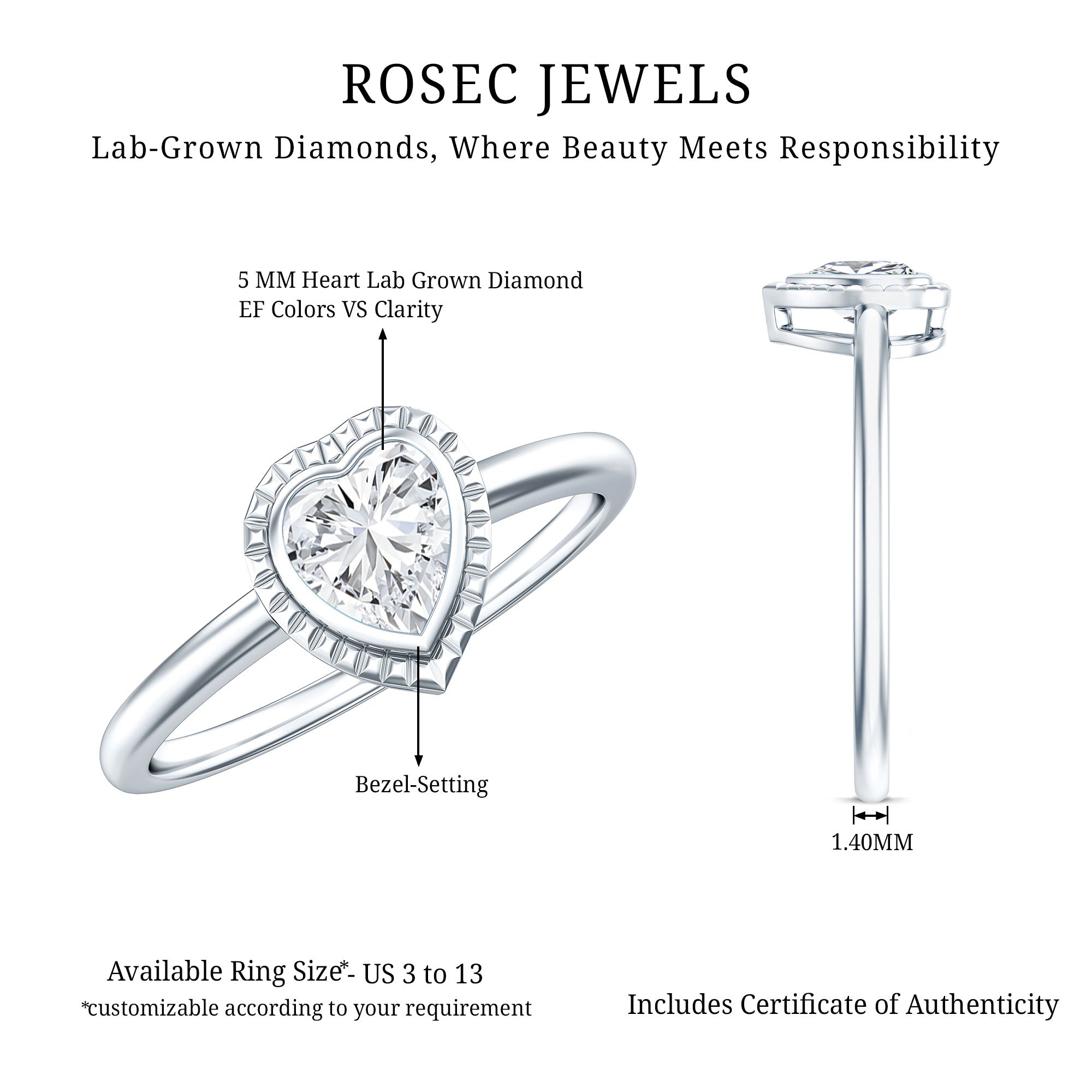 Lab Grown Diamond Heart Solitaire Ring with Engraved Details Lab - ( EF-VS ) - Rosec Jewels