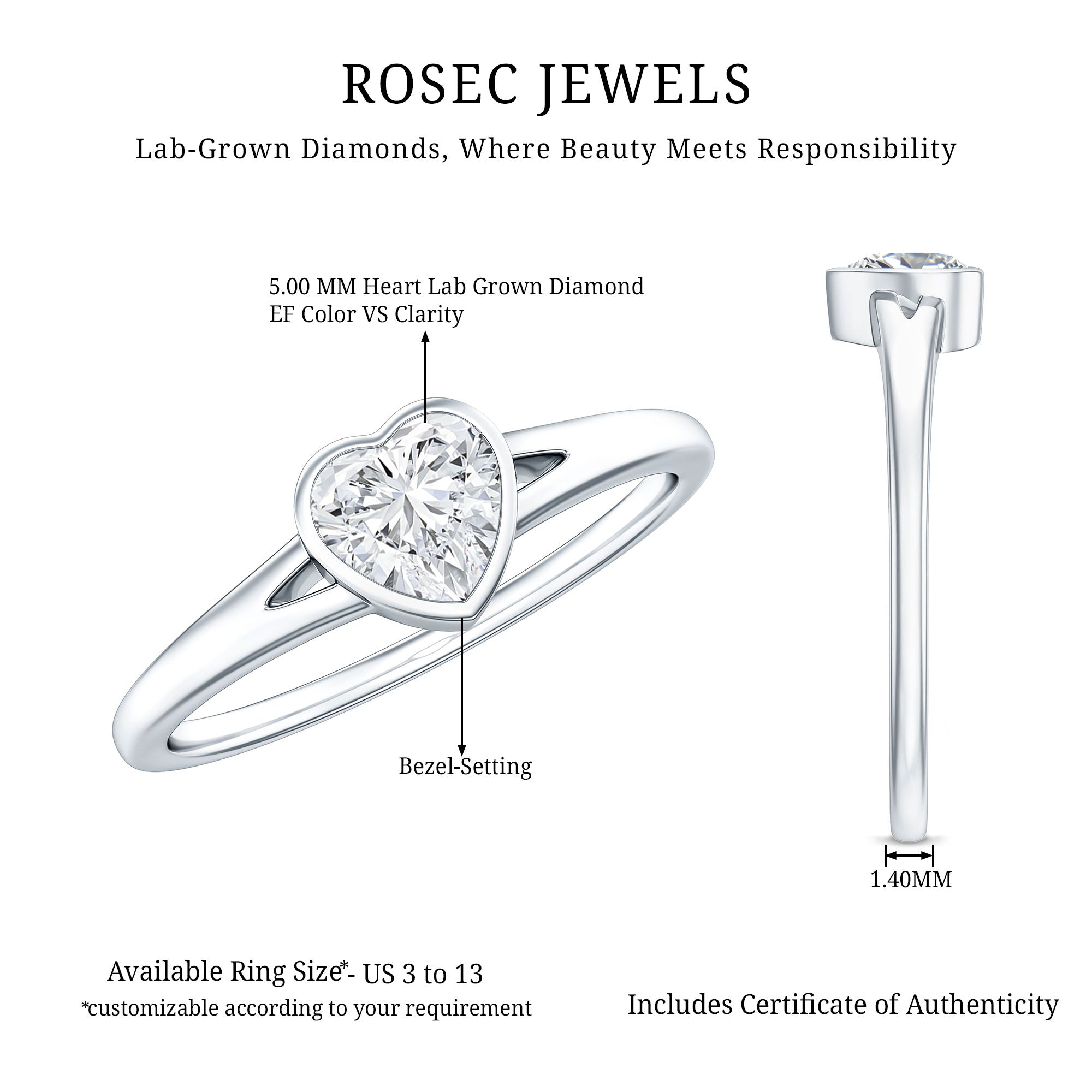 Heart Shape Lab Grown Diamond Solitaire Ring in Split Shank Lab - ( EF-VS ) - Rosec Jewels