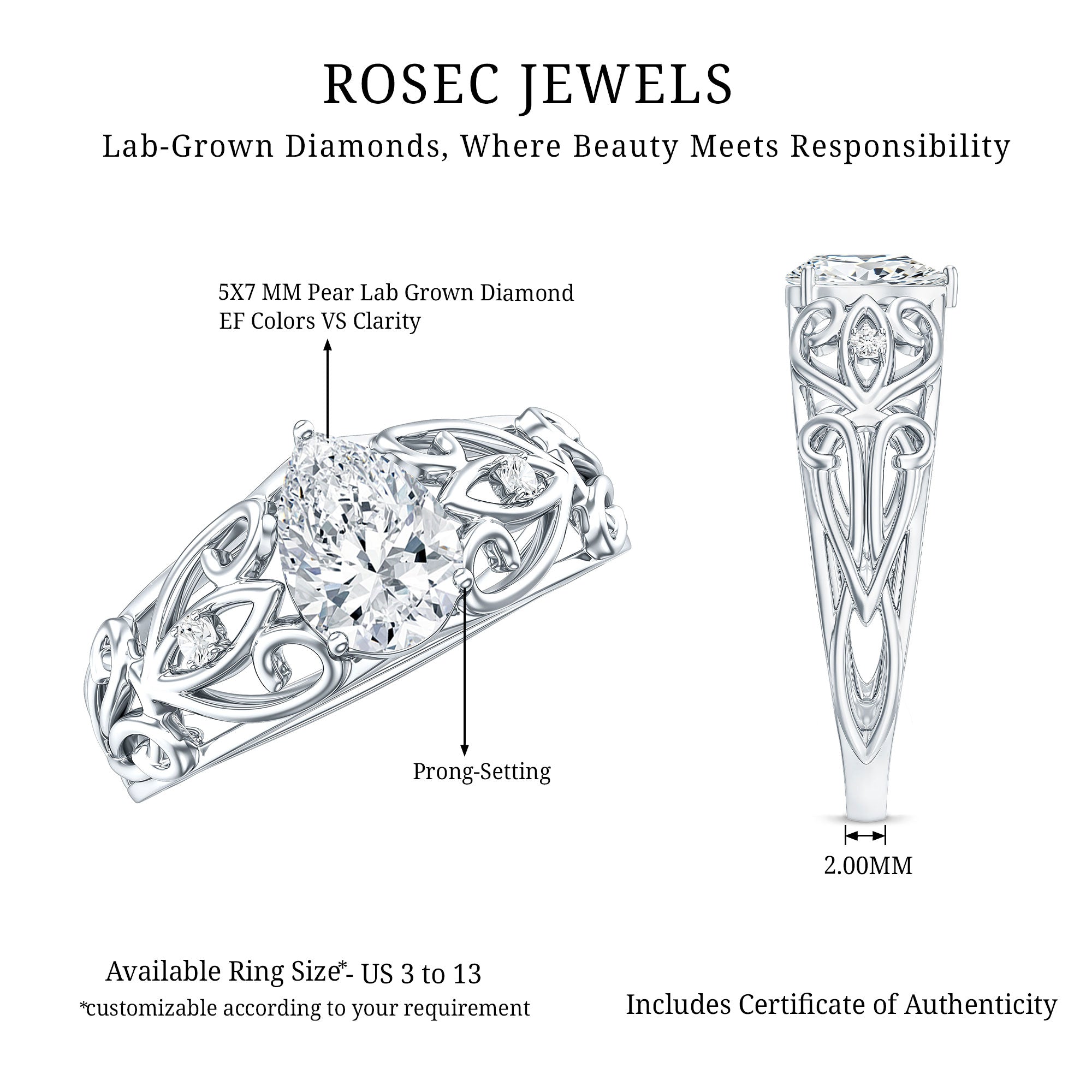 Pear Shaped Lab Created Diamond Solitaire Filigree Ring Lab - ( EF-VS ) - Rosec Jewels