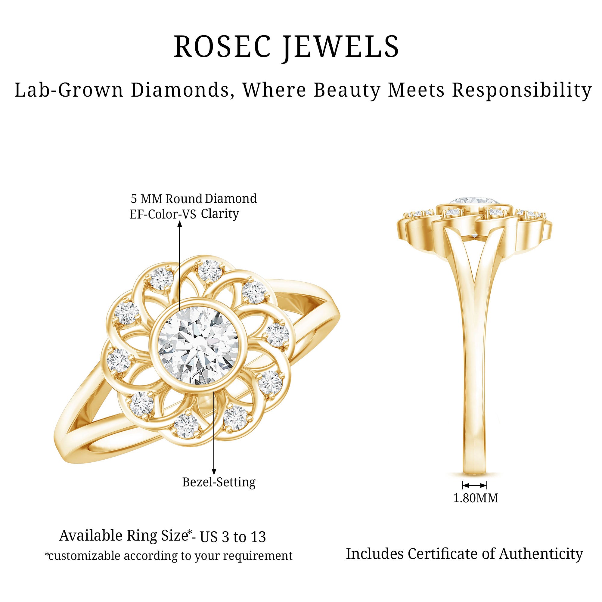 Lab Grown Diamond Nature Inspired Flower Engagement Ring Lab - ( EF-VS ) - Rosec Jewels