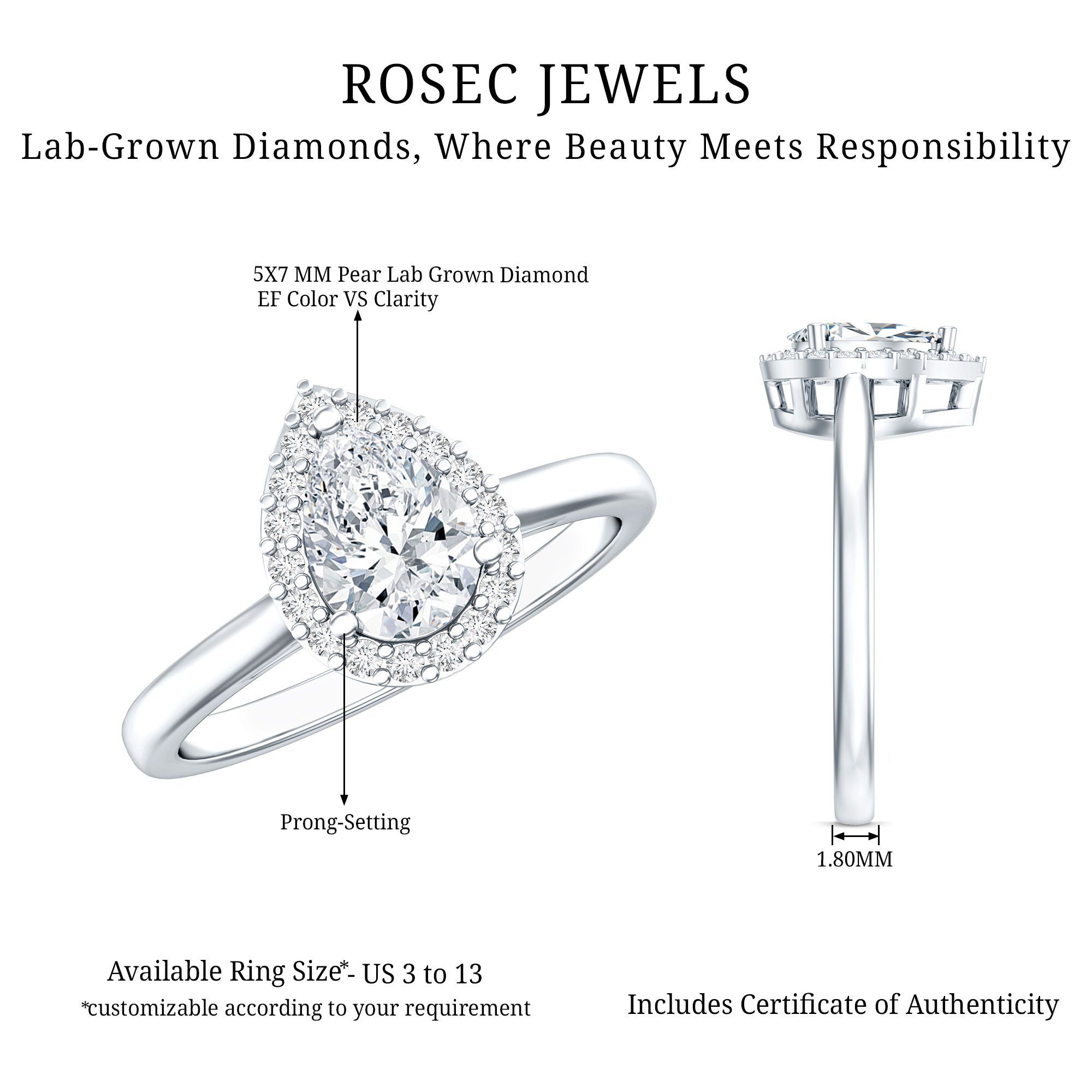 Classic Lab Grown Diamond Teardrop Engagement Ring with Halo Lab - ( EF-VS ) - Rosec Jewels