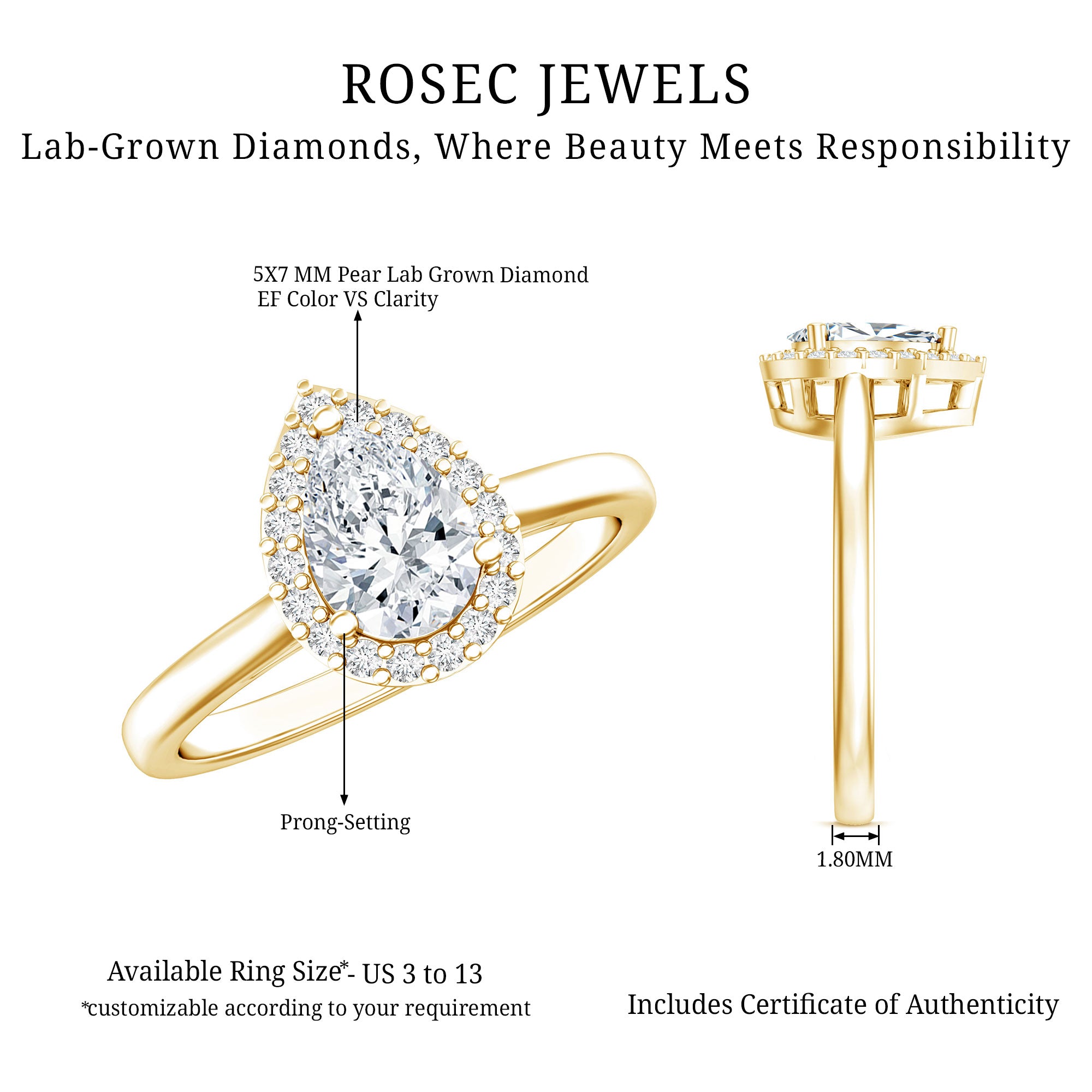 Classic Lab Grown Diamond Teardrop Engagement Ring with Halo Lab - ( EF-VS ) - Rosec Jewels