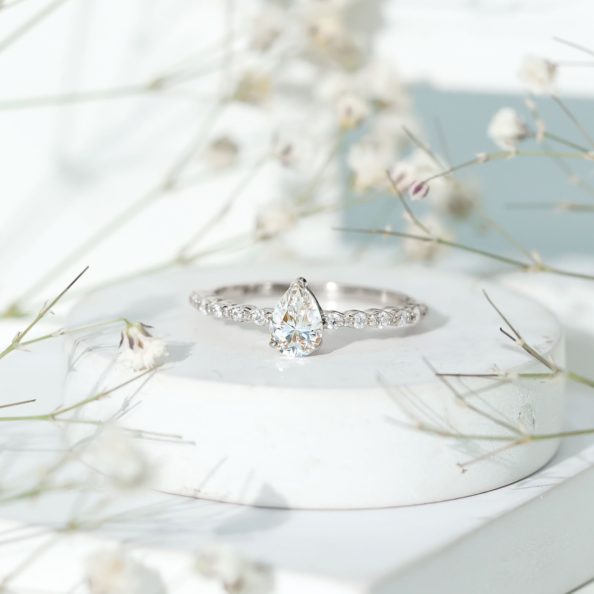Pear Shape Lab Grown Diamond Solitaire Promise Ring with Side Stones Lab - ( EF-VS ) - Rosec Jewels