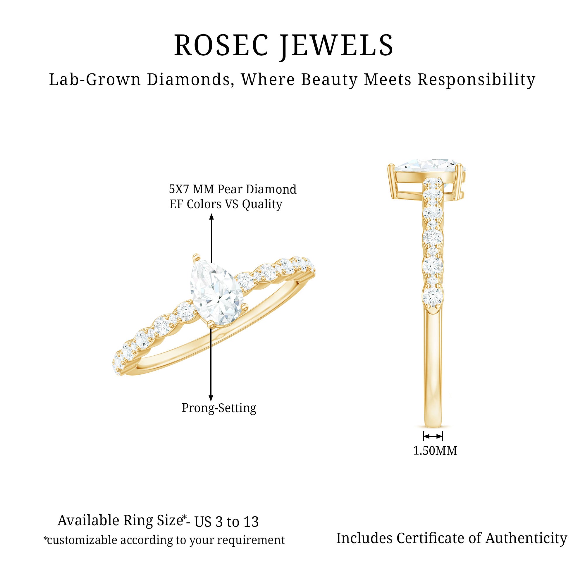 Pear Shape Lab Grown Diamond Solitaire Promise Ring with Side Stones Lab - ( EF-VS ) - Rosec Jewels