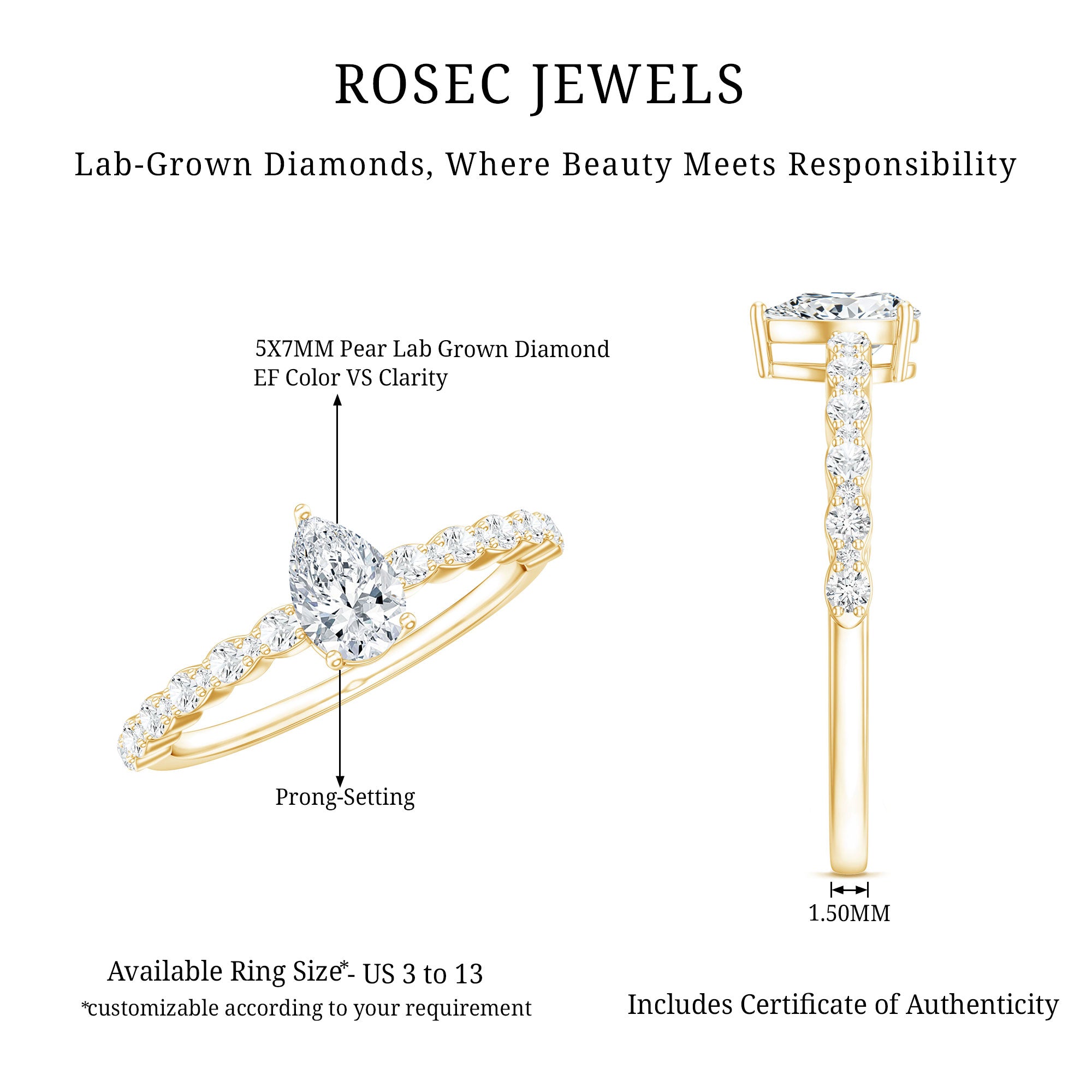 Pear Shape Lab Grown Diamond Solitaire Promise Ring with Side Stones Lab - ( EF-VS ) - Rosec Jewels