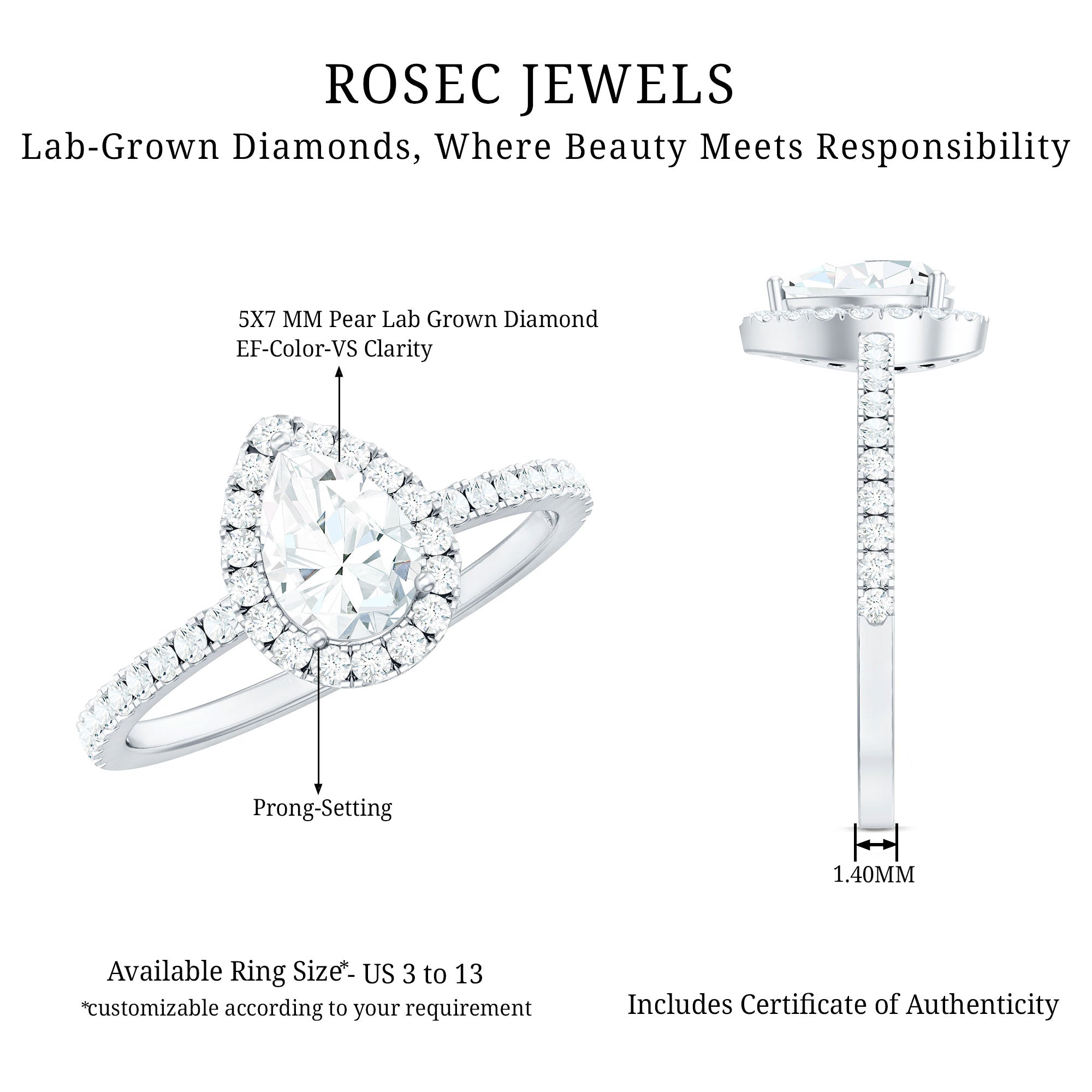 Classic Lab Grown Diamond Pear Engagement Ring with Halo Lab - ( EF-VS ) - Rosec Jewels