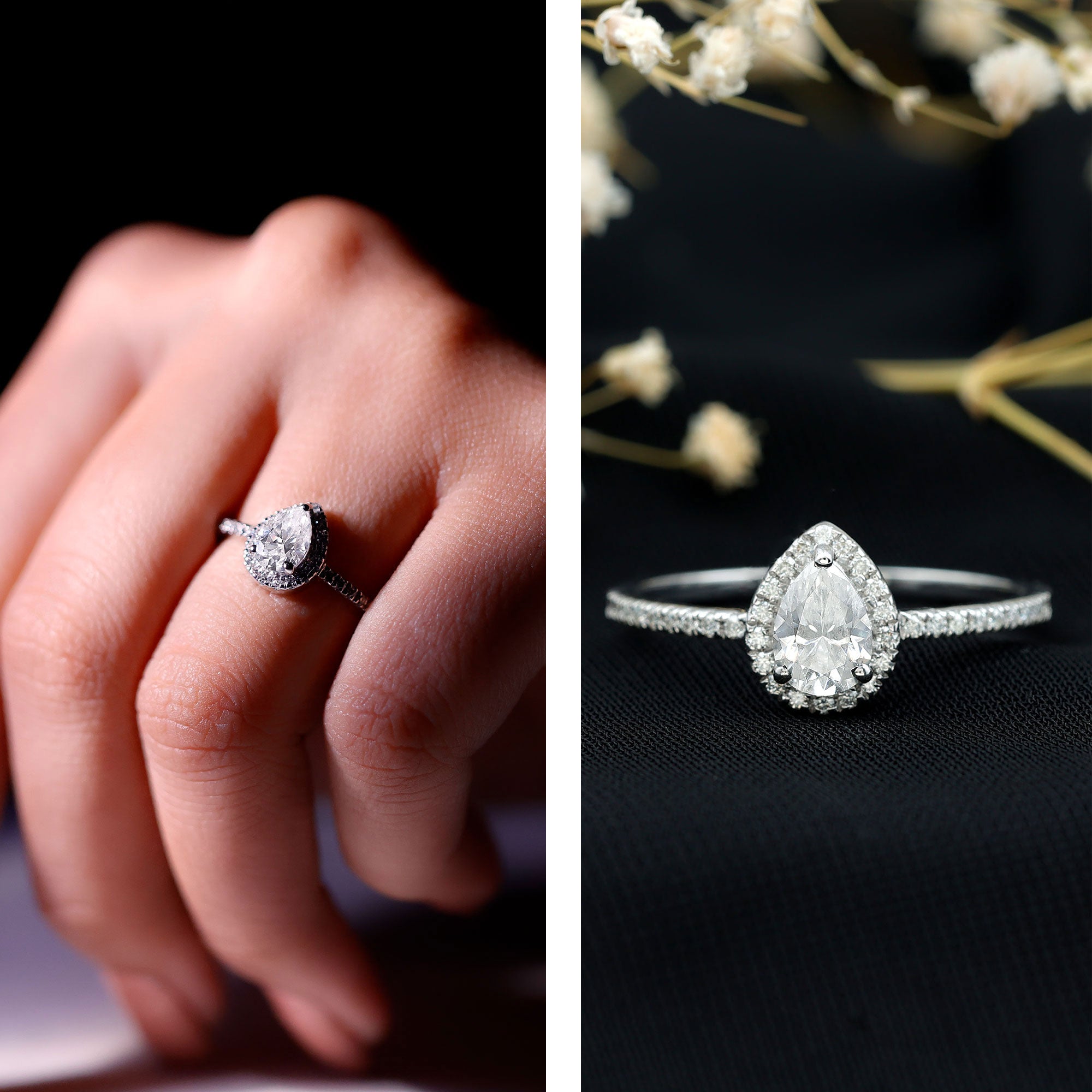 Classic Lab Grown Diamond Pear Engagement Ring with Halo Lab - ( EF-VS ) - Rosec Jewels
