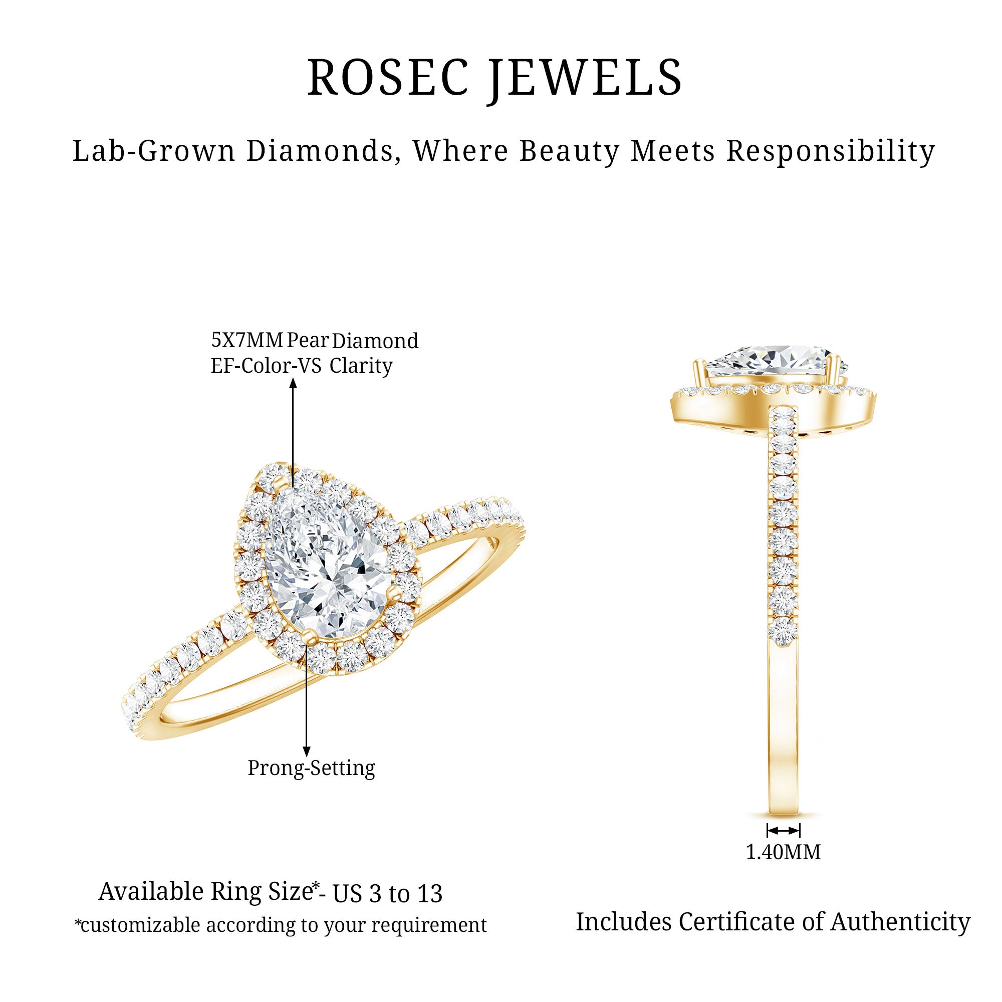 Classic Lab Grown Diamond Pear Engagement Ring with Halo Lab - ( EF-VS ) - Rosec Jewels