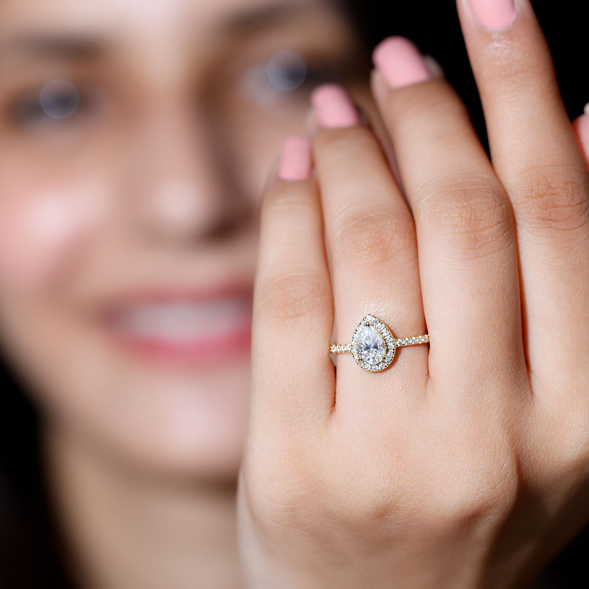 Classic Lab Grown Diamond Pear Engagement Ring with Halo Lab - ( EF-VS ) - Rosec Jewels