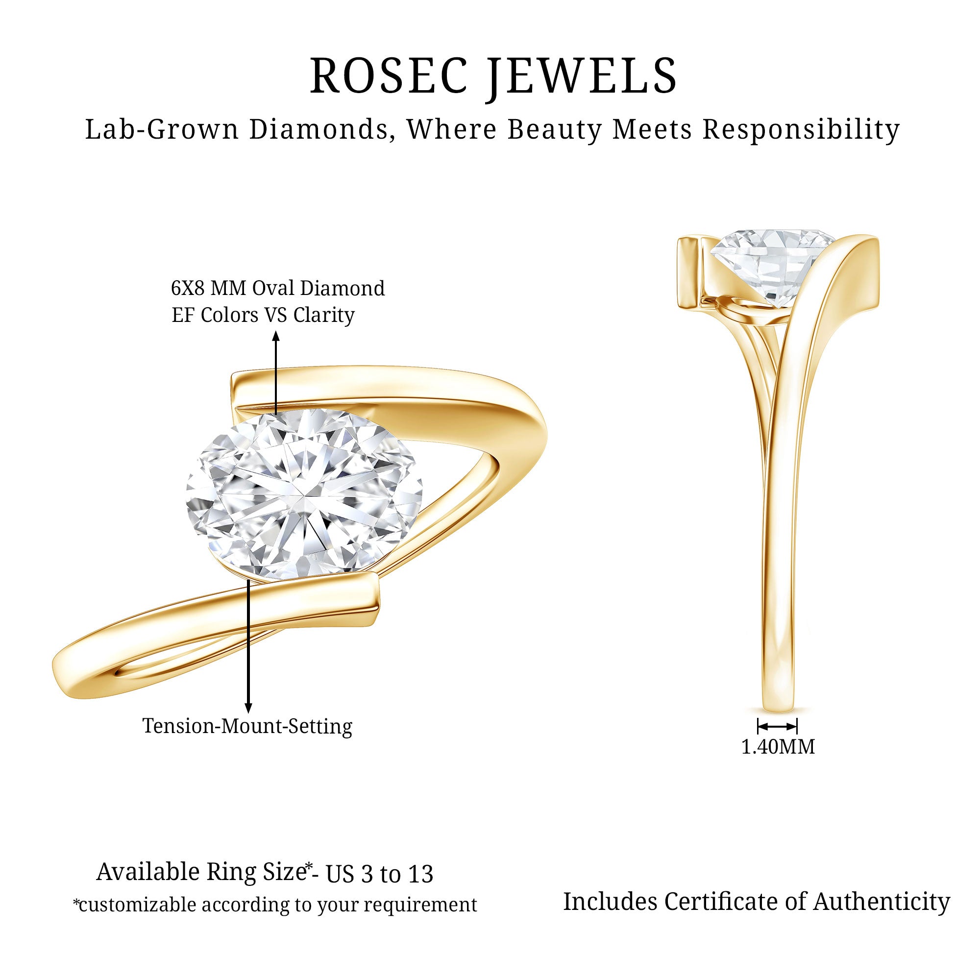 Simple Oval Shape Lab Grown Diamond Solitaire Bypass Ring Lab - ( EF-VS ) - Rosec Jewels